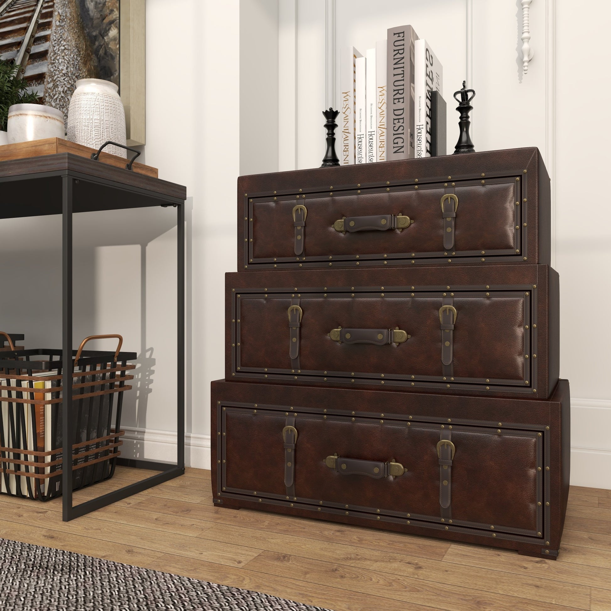 Brown Wood Vintage Faux Leather Room Chest with Buckles and Straps Detailing
