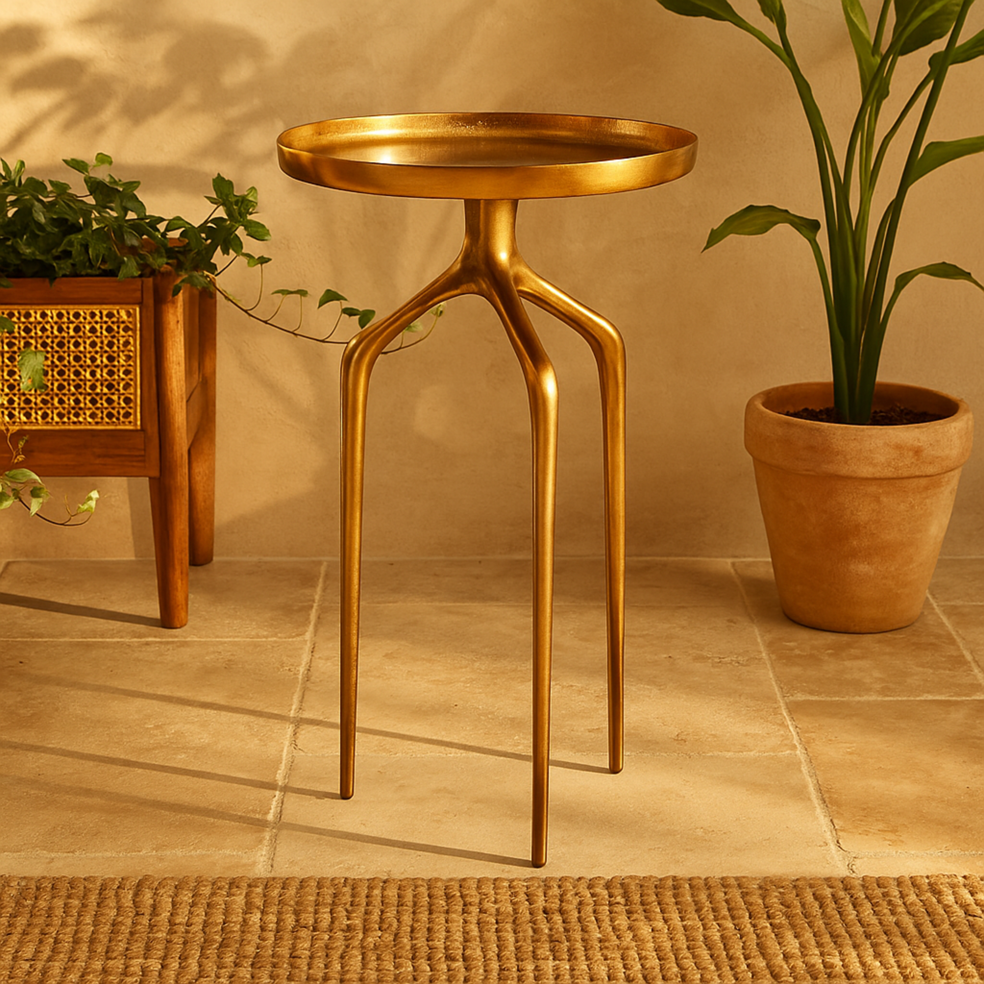 Aluminum Metal Tray Inspired Top Side End Accent Table with 3 Tripod Legs 13" x 13" x 22"