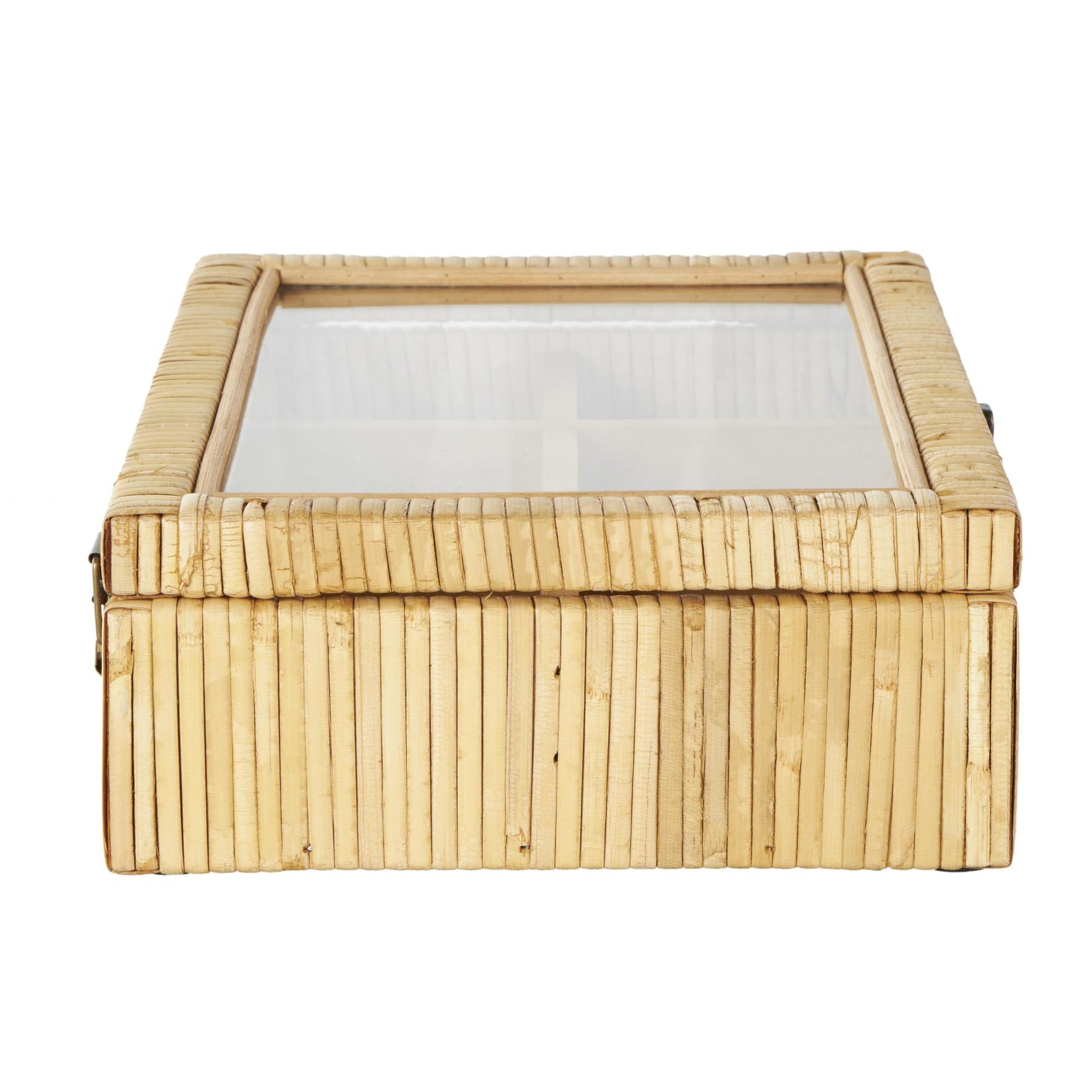 Brown Rattan Handmade Wrapped 6 Slot Decorative Jewelry Box with Tempered Glass Top