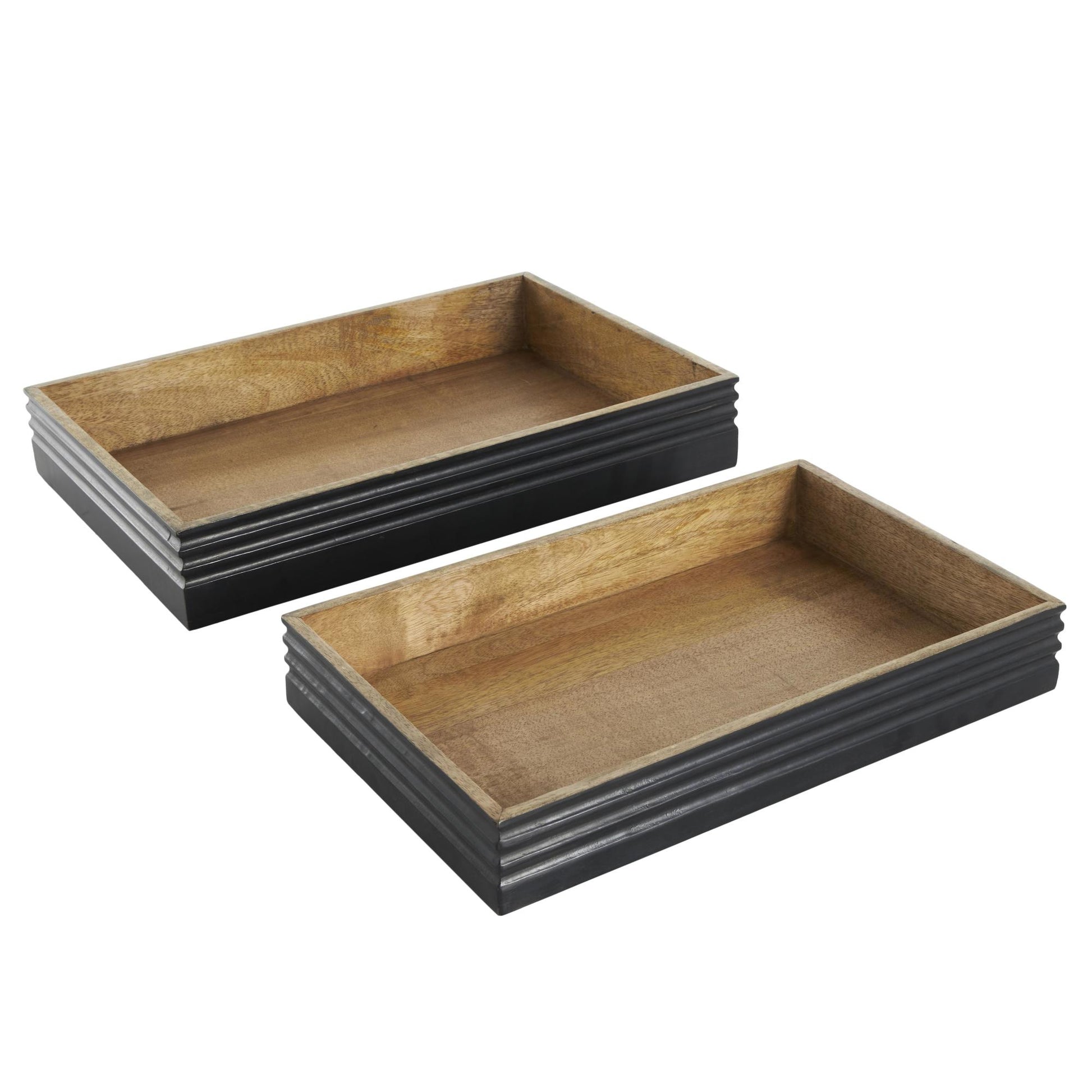 Set of 2 Brown Mango Wood Handmade Living Room Decor Tray with Black Groove Exterior