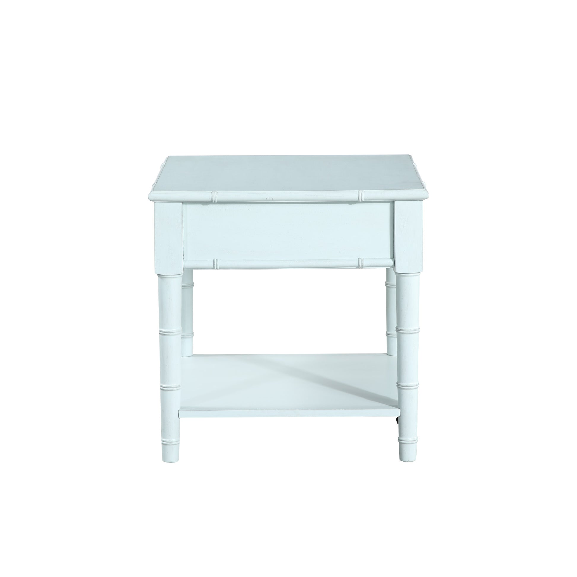 Light Blue Wood 1 Drawer Side End Accent Table with Bamboo Inspired Detailing and Bronze Knob