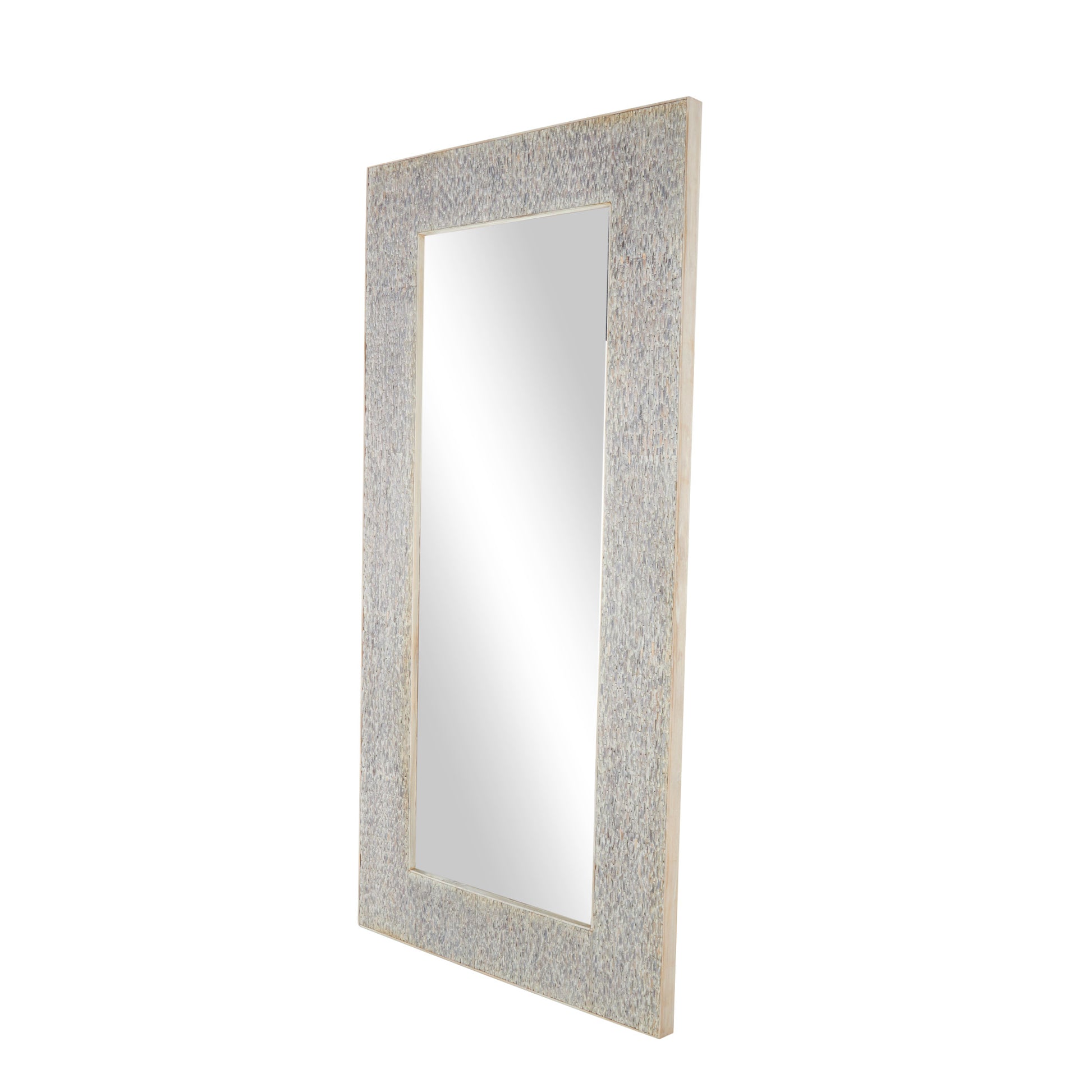 Beige Teak Wood Mosaic Room Floor Mirror with Brown Inner Frame