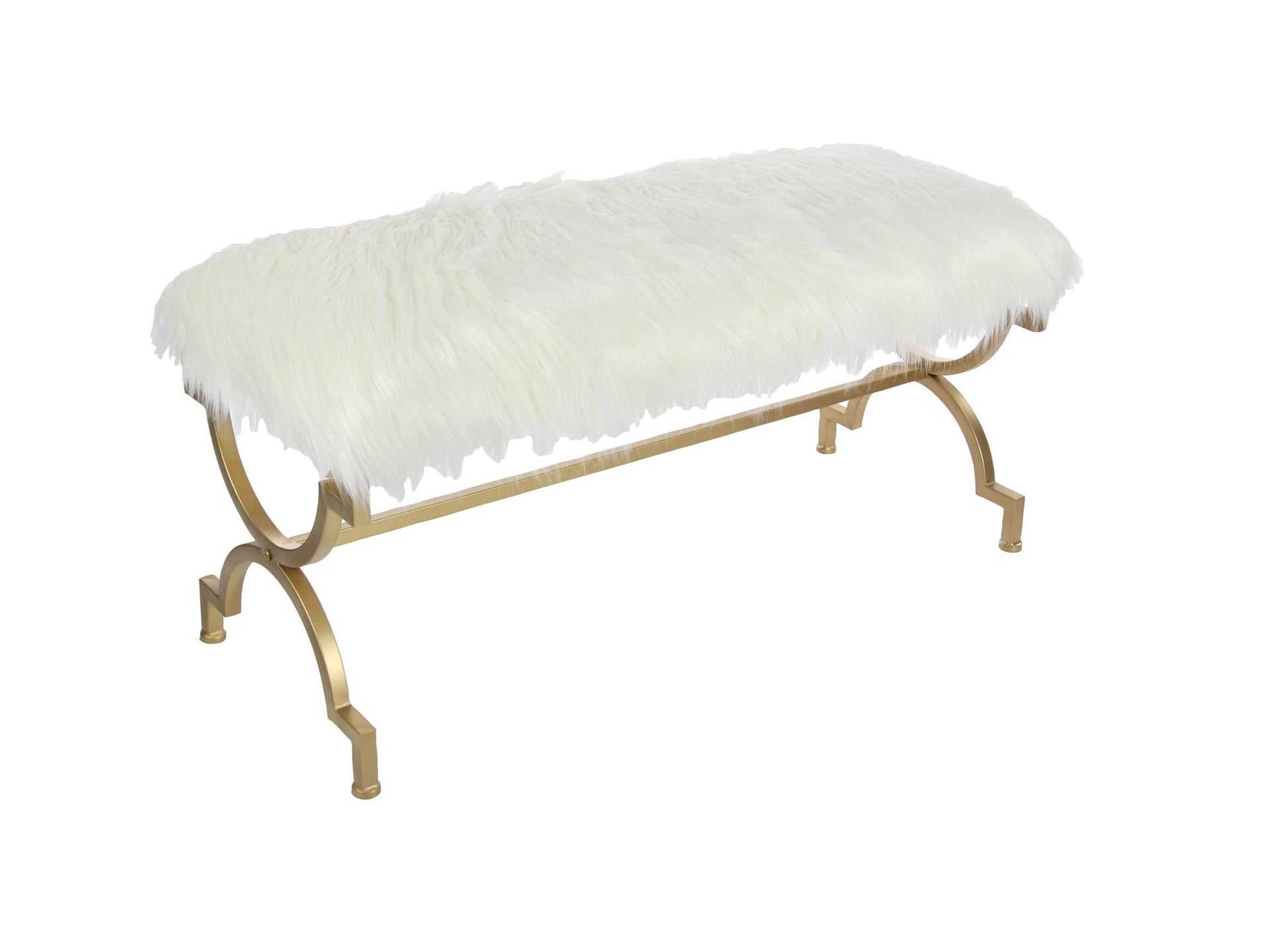 Gold Metal Home Bench with White Faux Fur Top