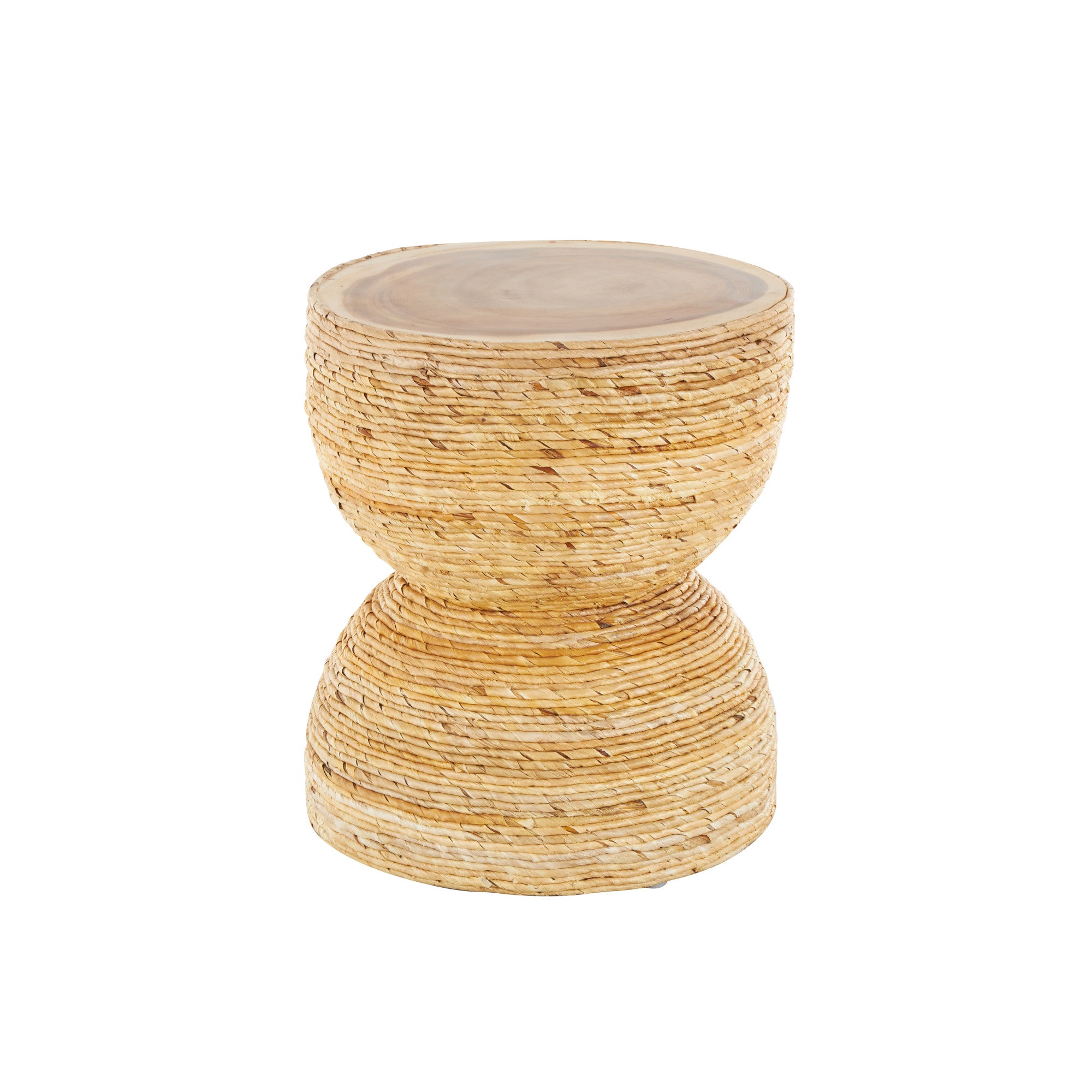 Light Brown Banana Leaf Handmade Woven Side End Accent Table with Wooden Tabletop