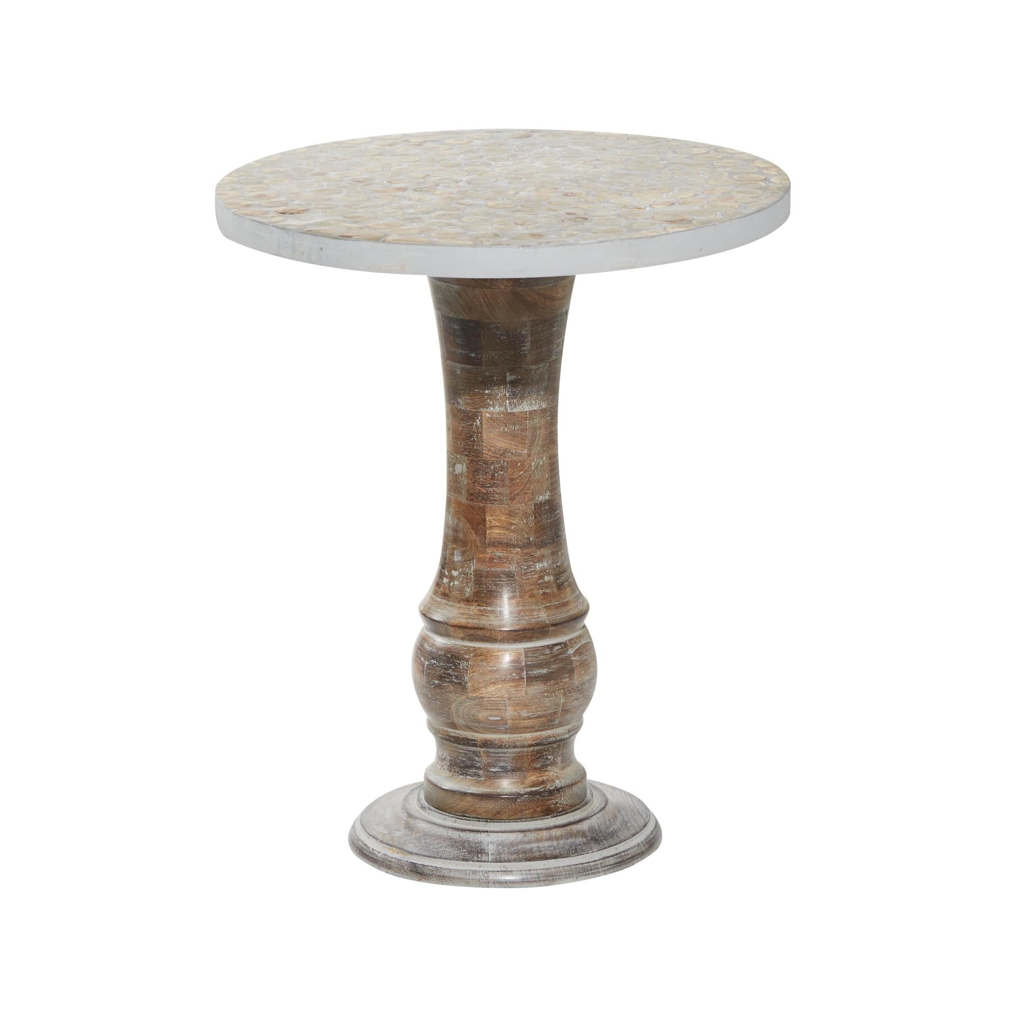 Gray Mango Wood Handmade Turned Side End Accent Table with Brown Mosaic Wood Chip Tabletop