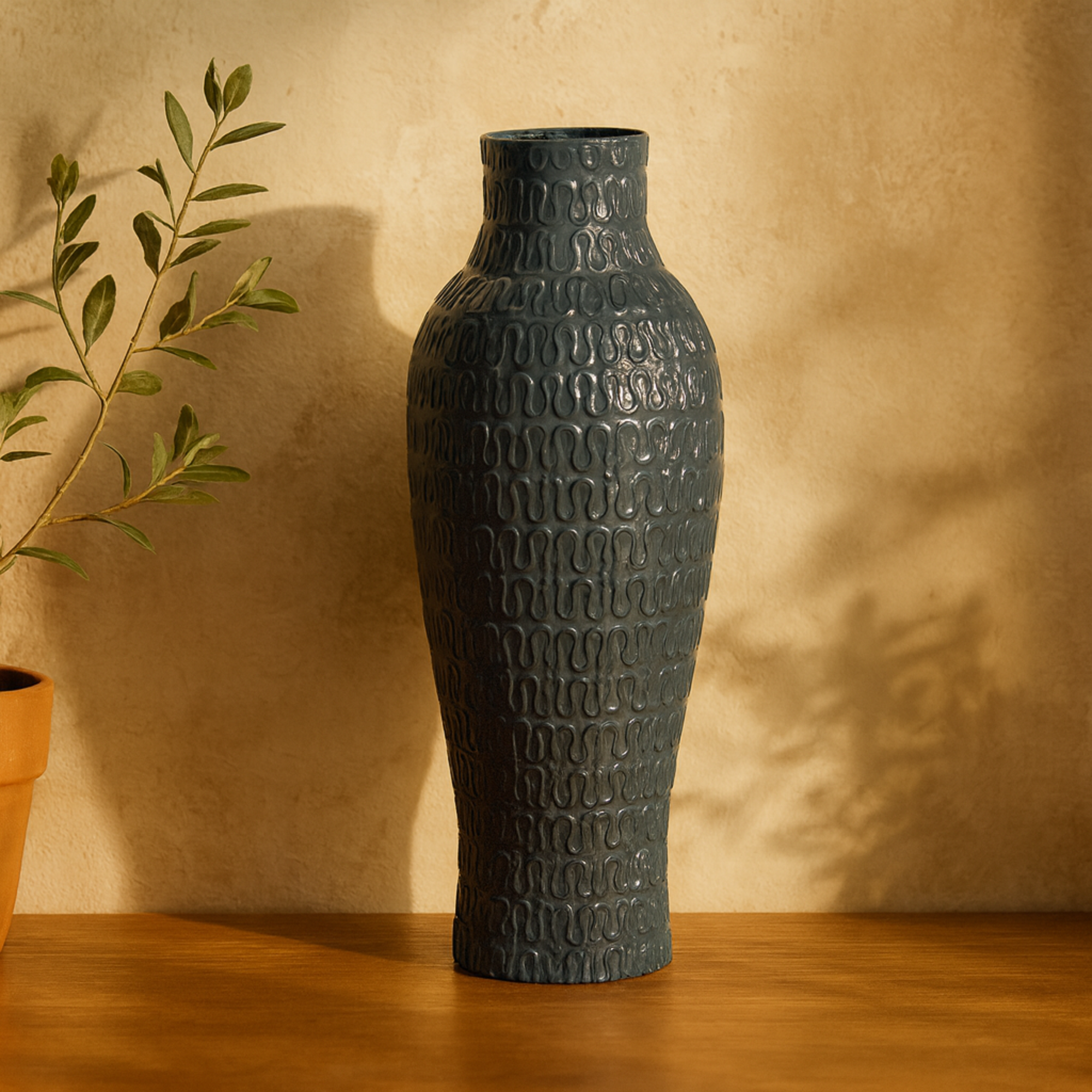 Dark Blue Metal Dimensional Textured Decorative Vase with Wavy Pattern