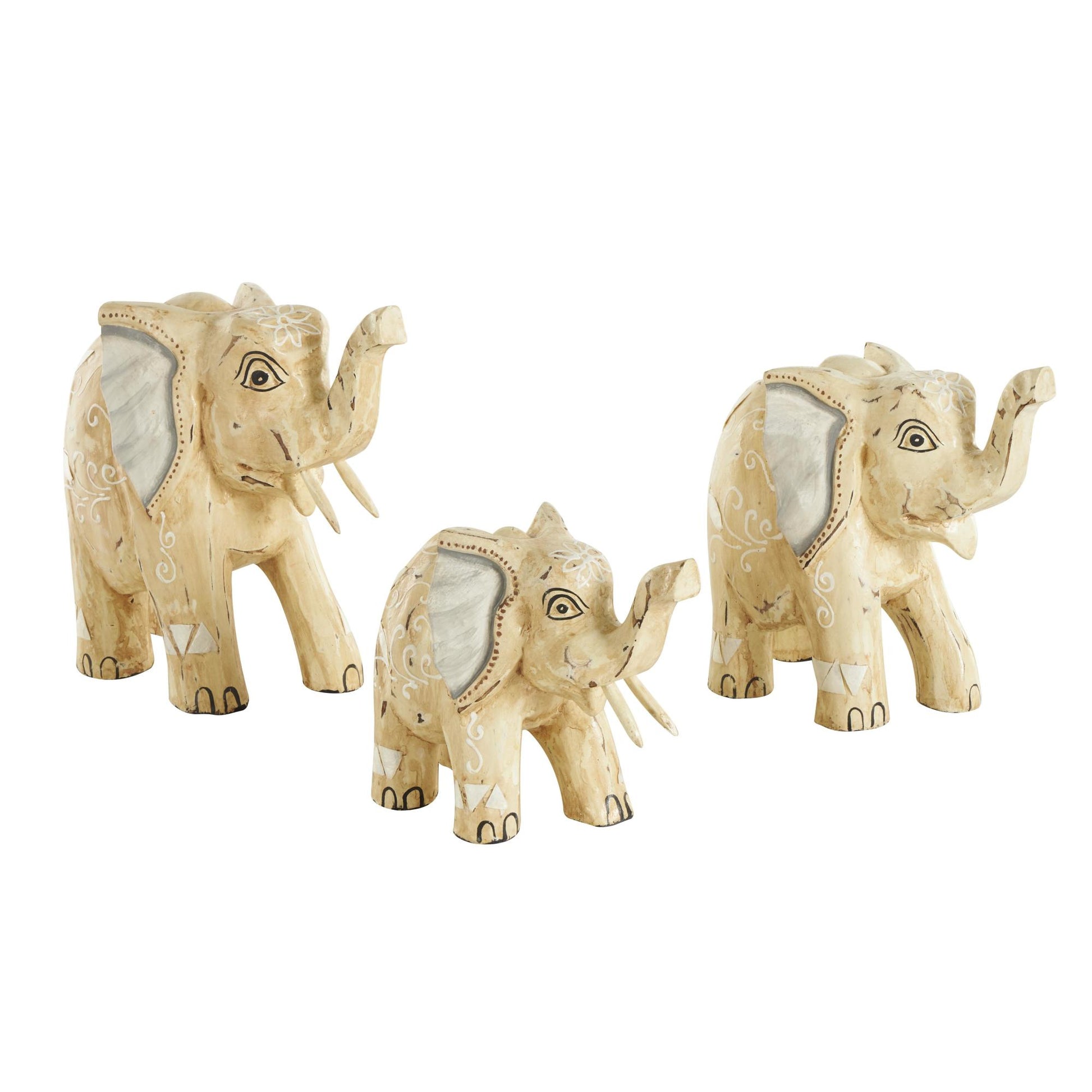 Set of 3 Elephant Light Brown Wood Handmade Decorative Sculpture with Scroll and Floral Patterns