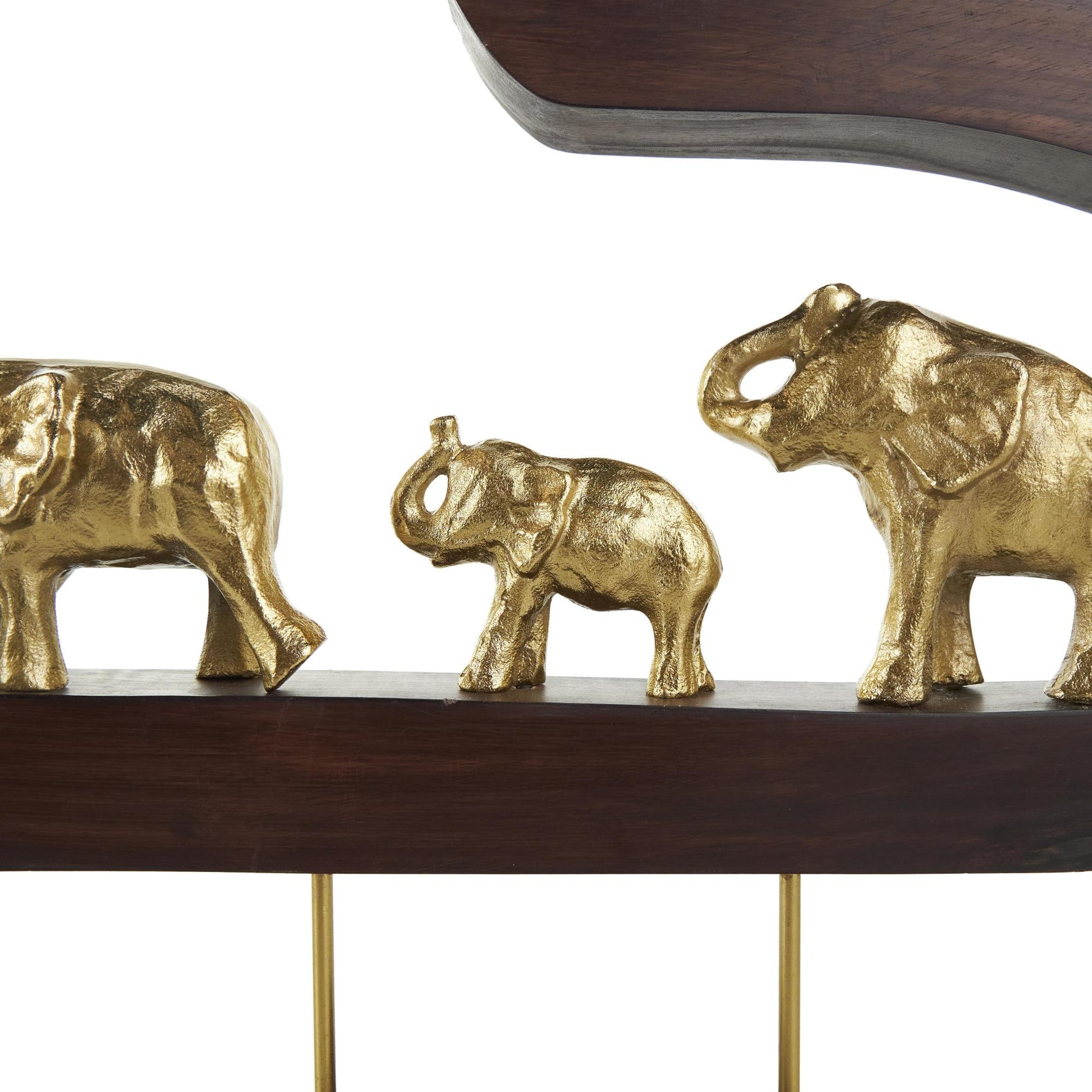 Elephant Gold Aluminum Metal Decorative Sculpture with Brown Wooden Frame