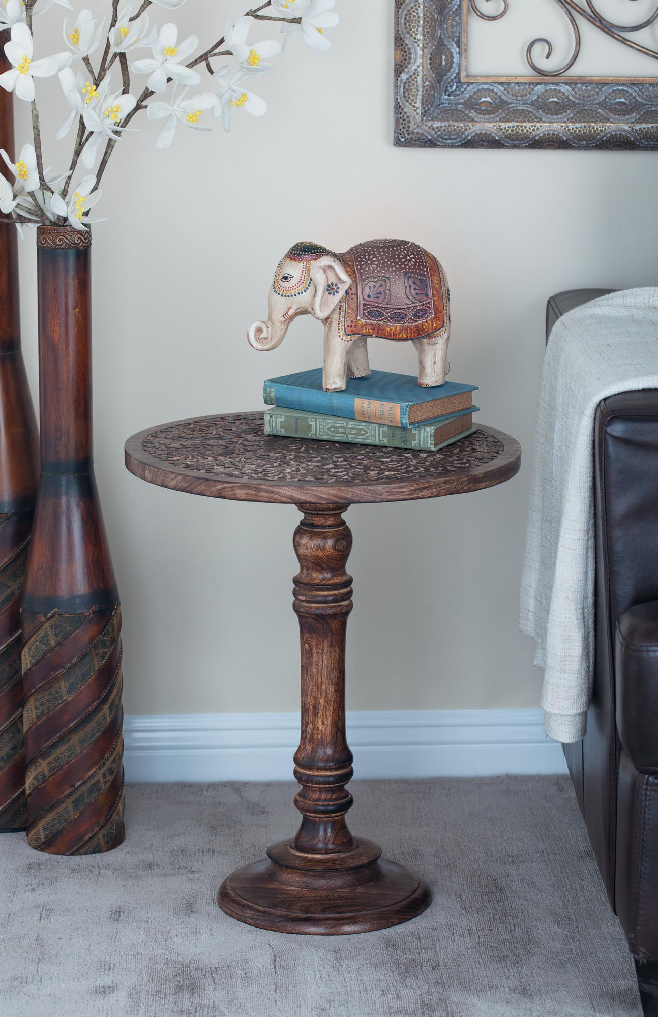 Elephant Mango Wood Handmade Intricately Carved Side End Accent Table with Turned Base