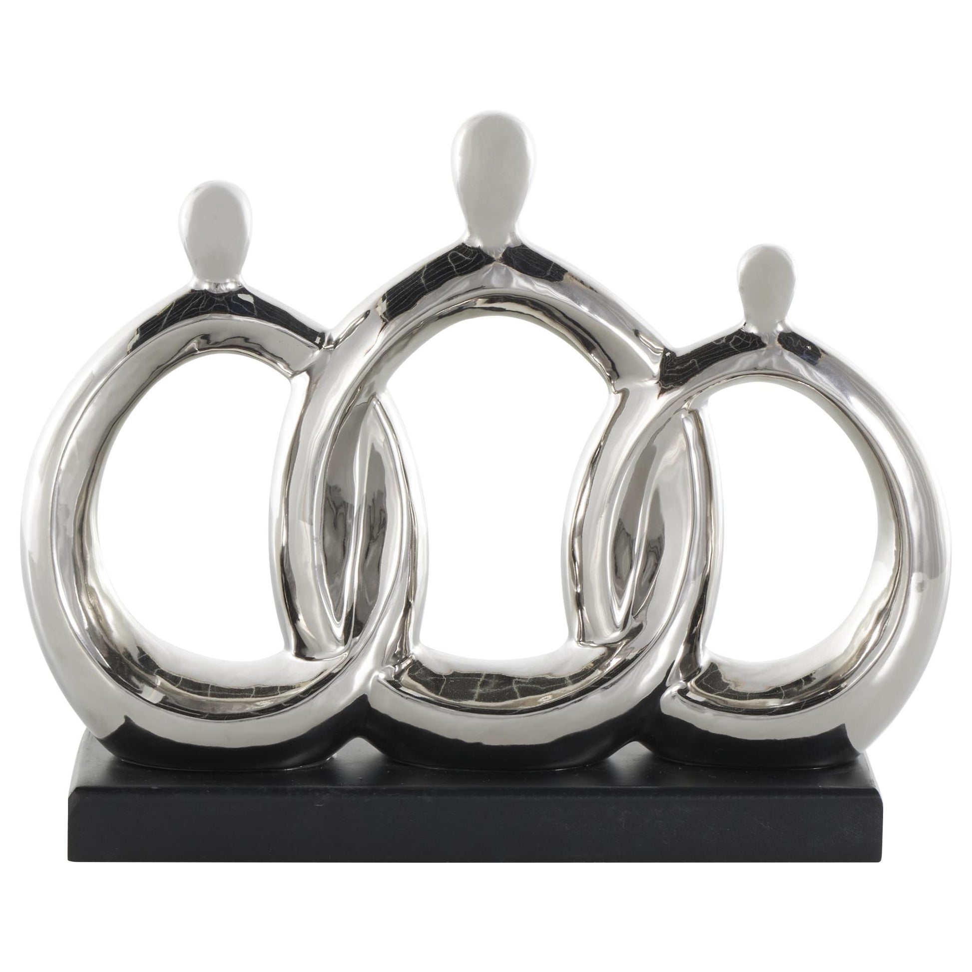 Family Silver Ceramic 3 Figure Decorative Sculpture with Black Rectangular Base