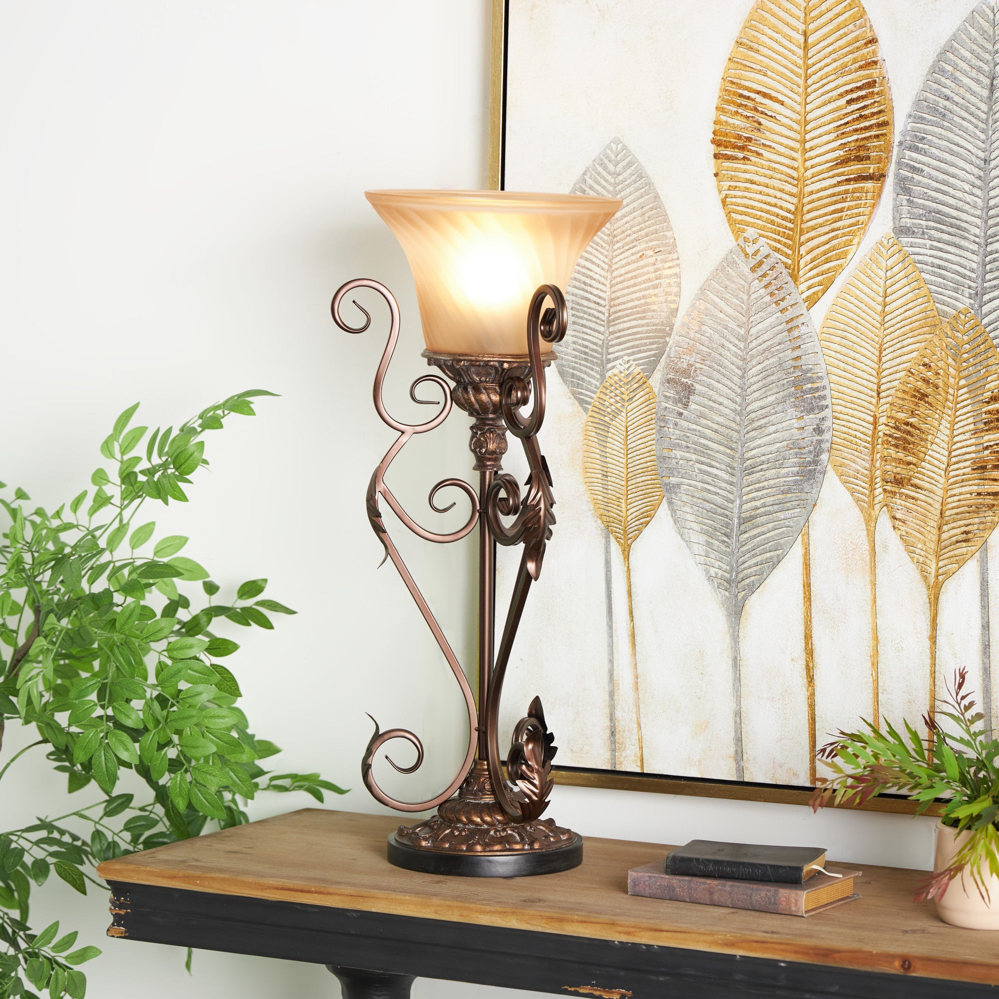 Set of 2 Scroll Brown Metal Antique Style Room Uplight