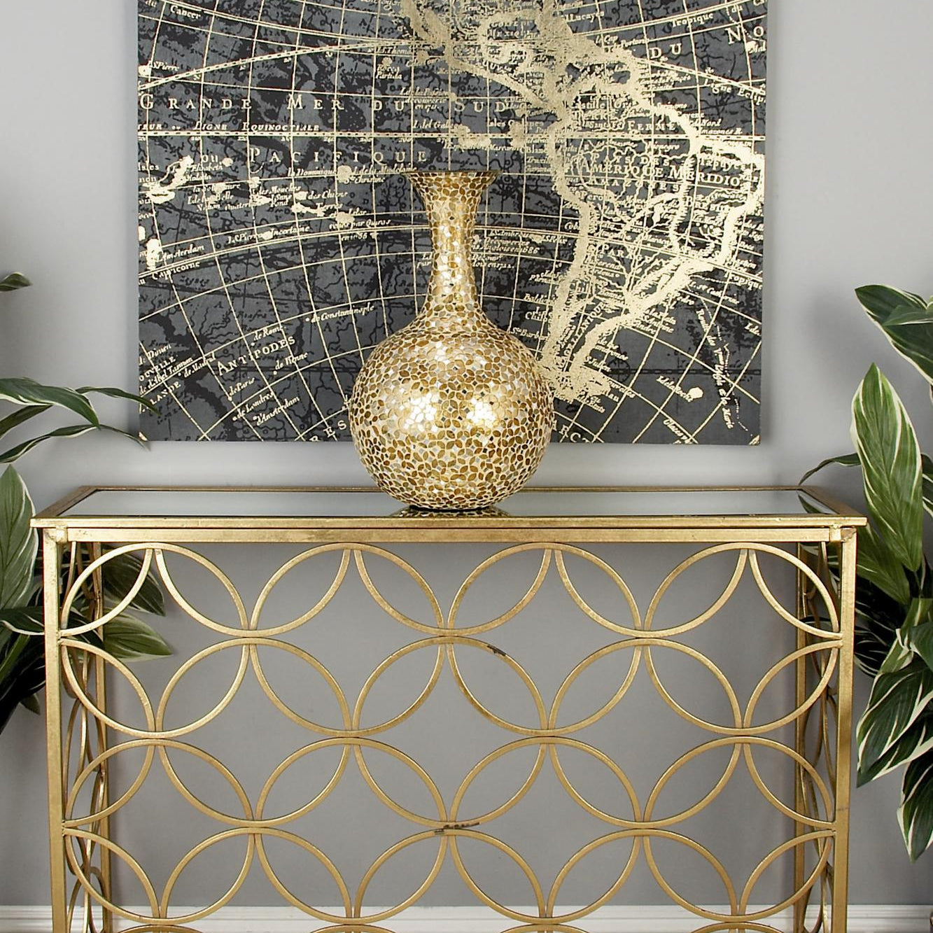 Geometric Gold Metal Weathered Living Room Console Table with Mirrored Glass Top