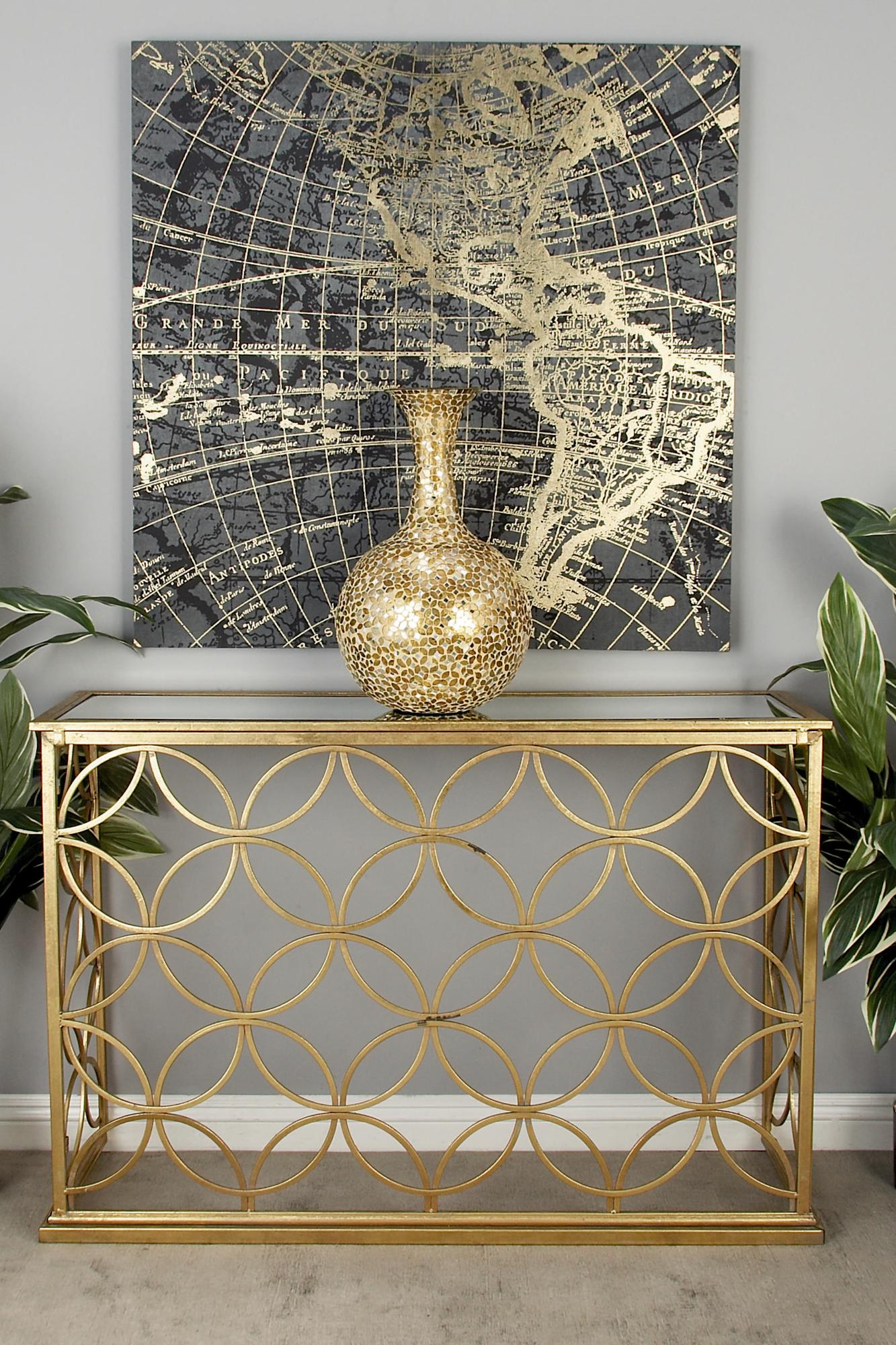 Geometric Gold Metal Weathered Living Room Console Table with Mirrored Glass Top