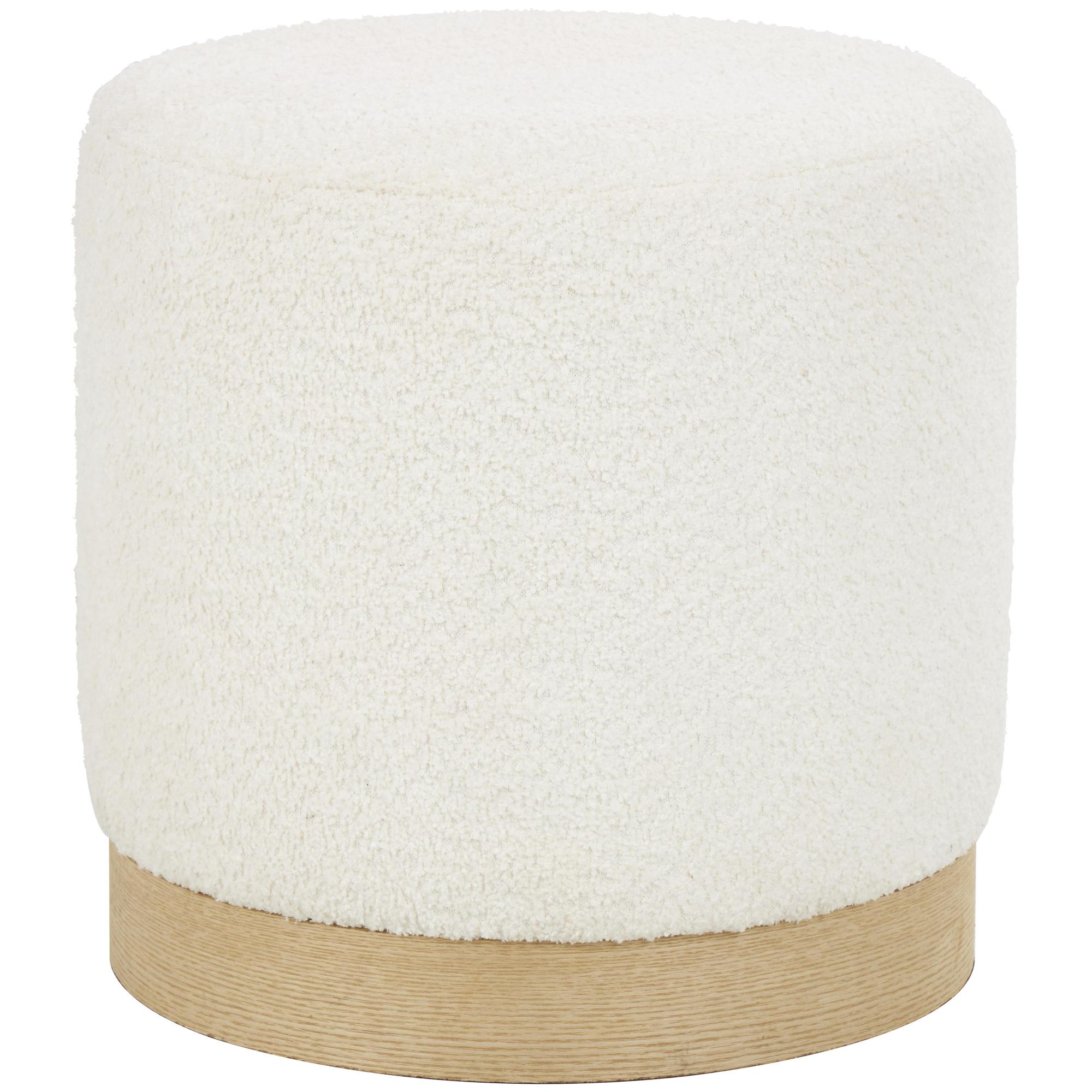 Geometric White Polyester Boucle Living Room Stool with Brown Wooden Base
