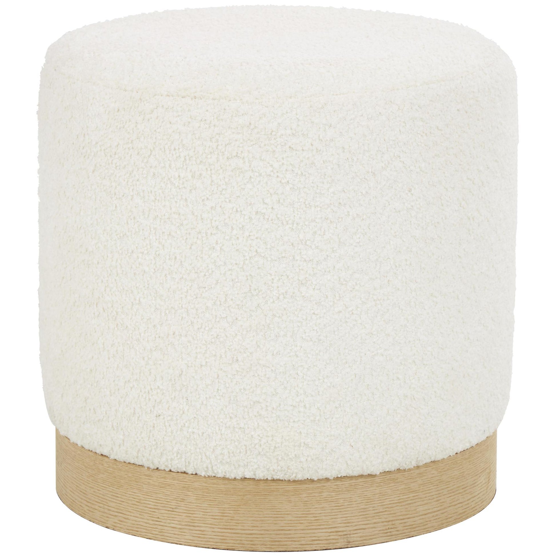 Geometric White Polyester Boucle Living Room Stool with Brown Wooden Base