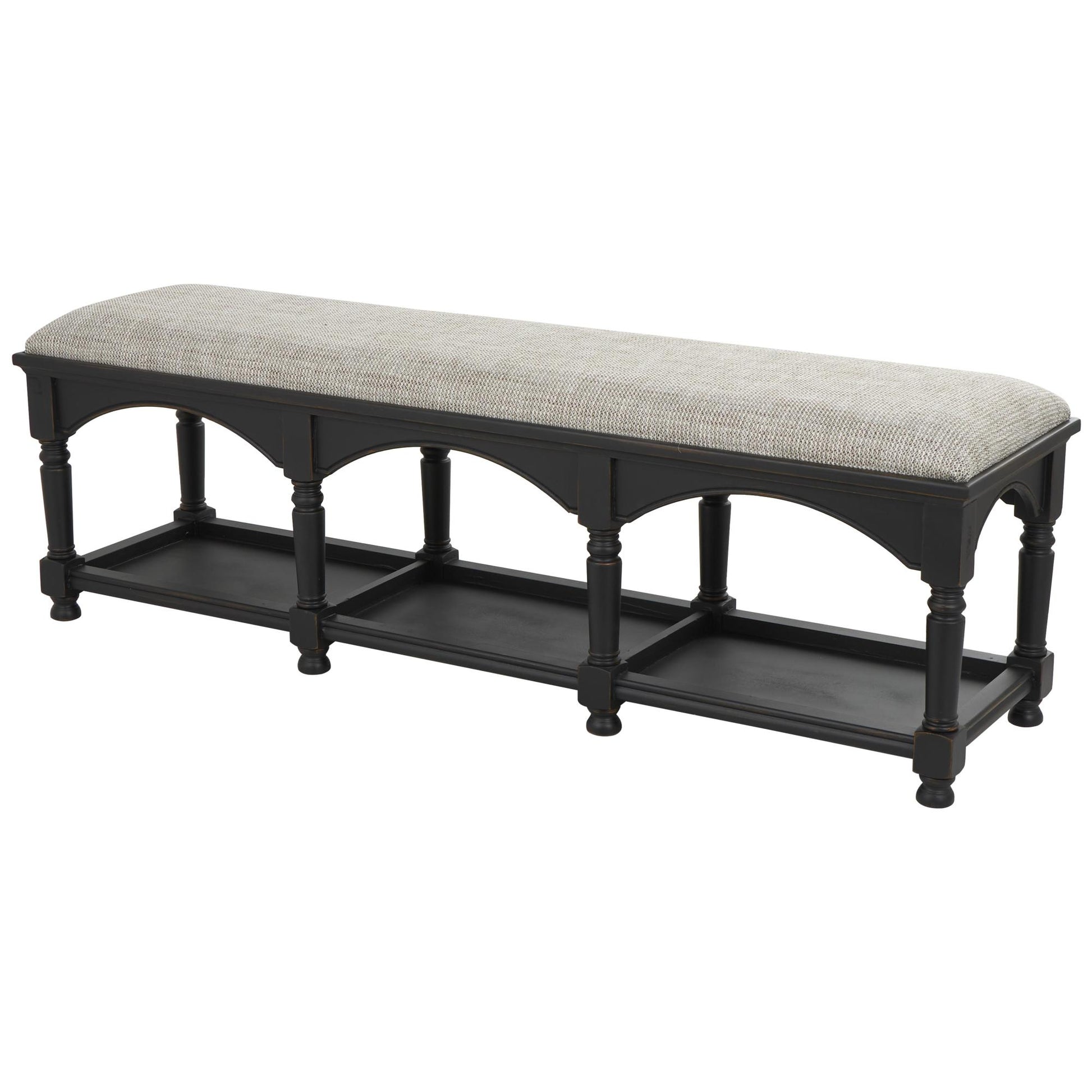 Black Wooden Arched Storage Home Bench with Traditional Turned Legs and Beige Cushion