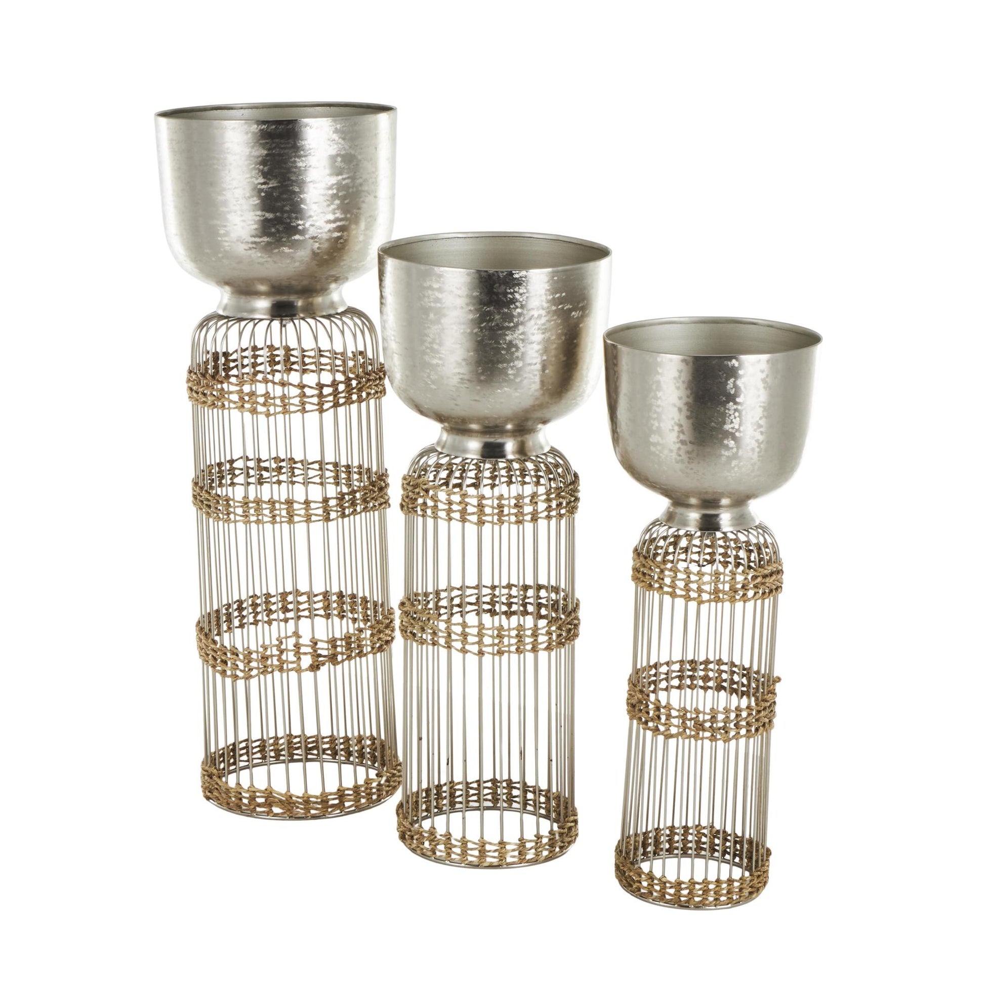 Set of 3 Metal Textured Dome Indoor Planter with Woven Seagrass and Caged Rod Pedestal Base Set of 3 32", 27", 24"H