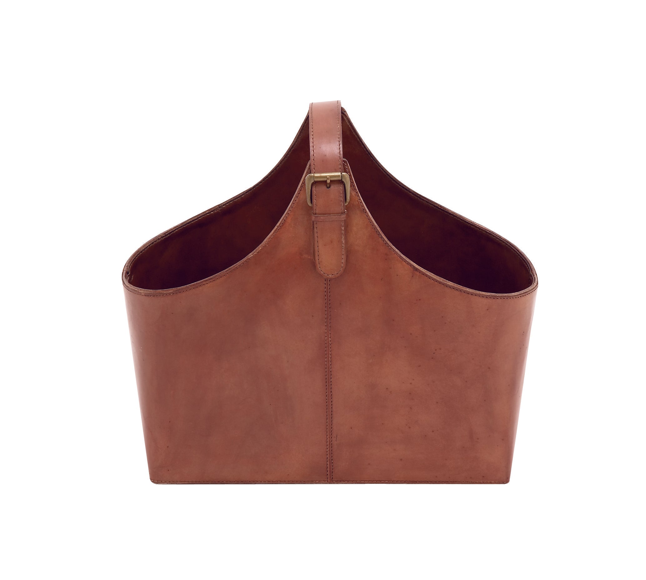 Leather Handmade Box Style Decorative Magazine Holder with Detail Stitching and Curved Buckle Handle