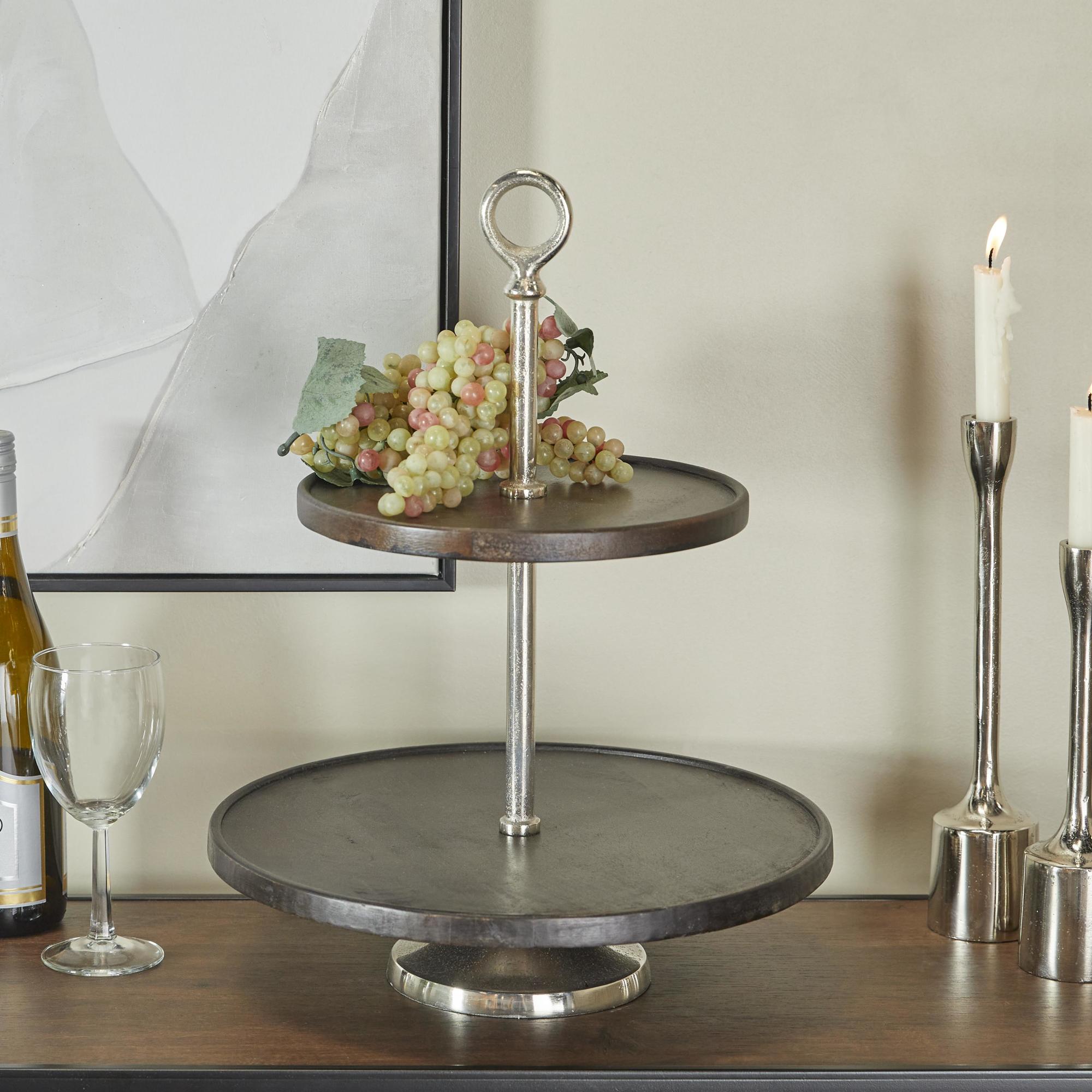 Mango Wood 2 Level Decorative Tiered Server with Silver Aluminum Cone Base