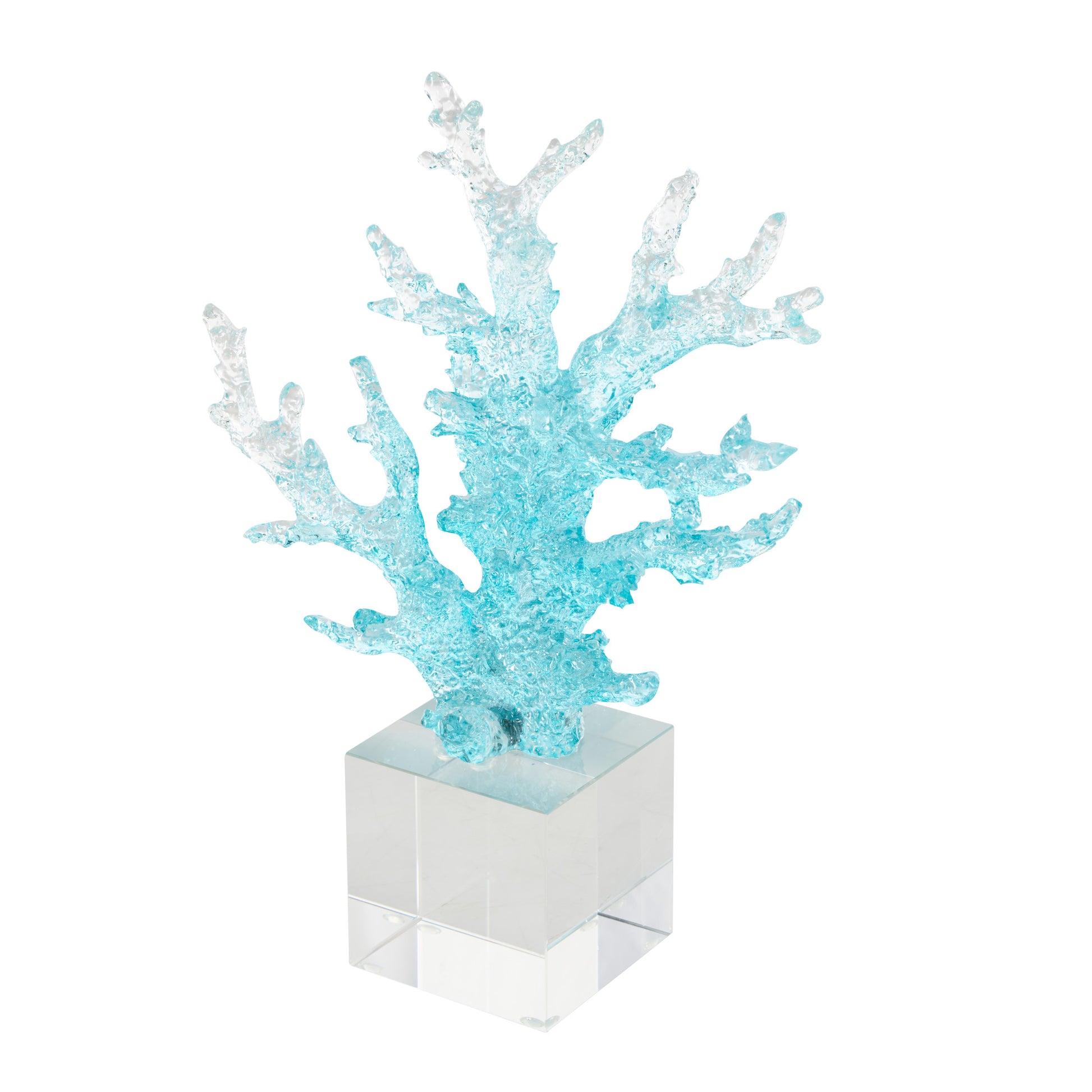 Coral Blue Glass Ombre Decorative Sculpture with Clear Square Base