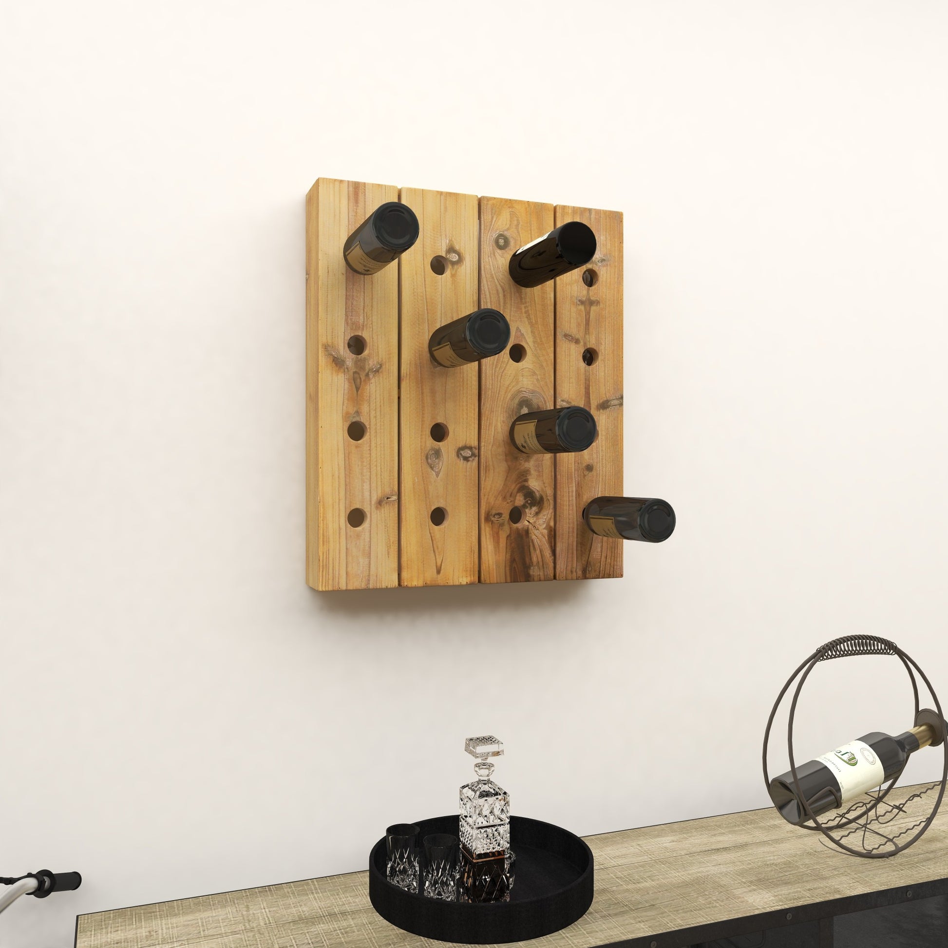 Brown Wood Tall 40 Hole Display Wall Wine Rack