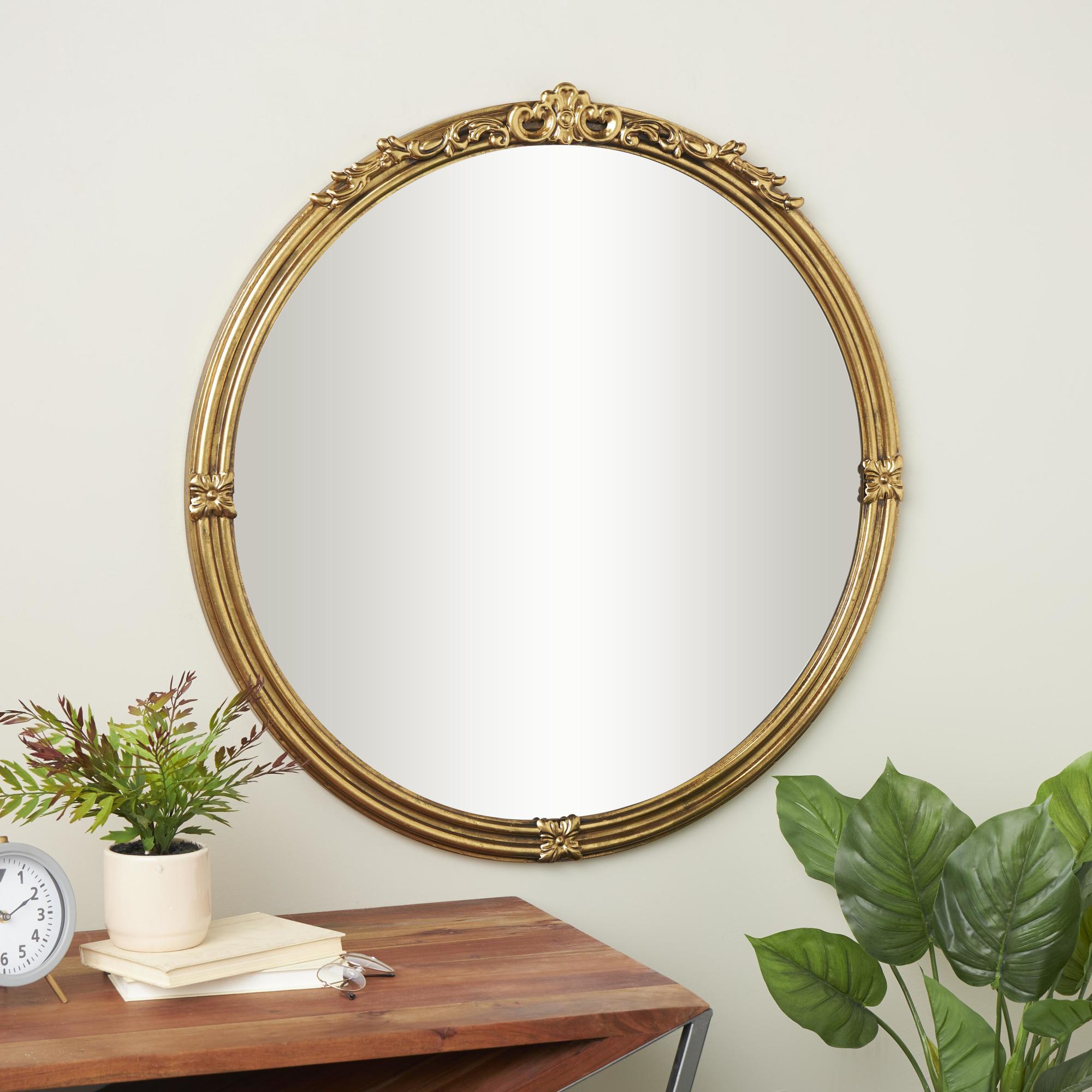 Scroll Gold Metal Layered Frame Room Wall Mirror with Floral Accents