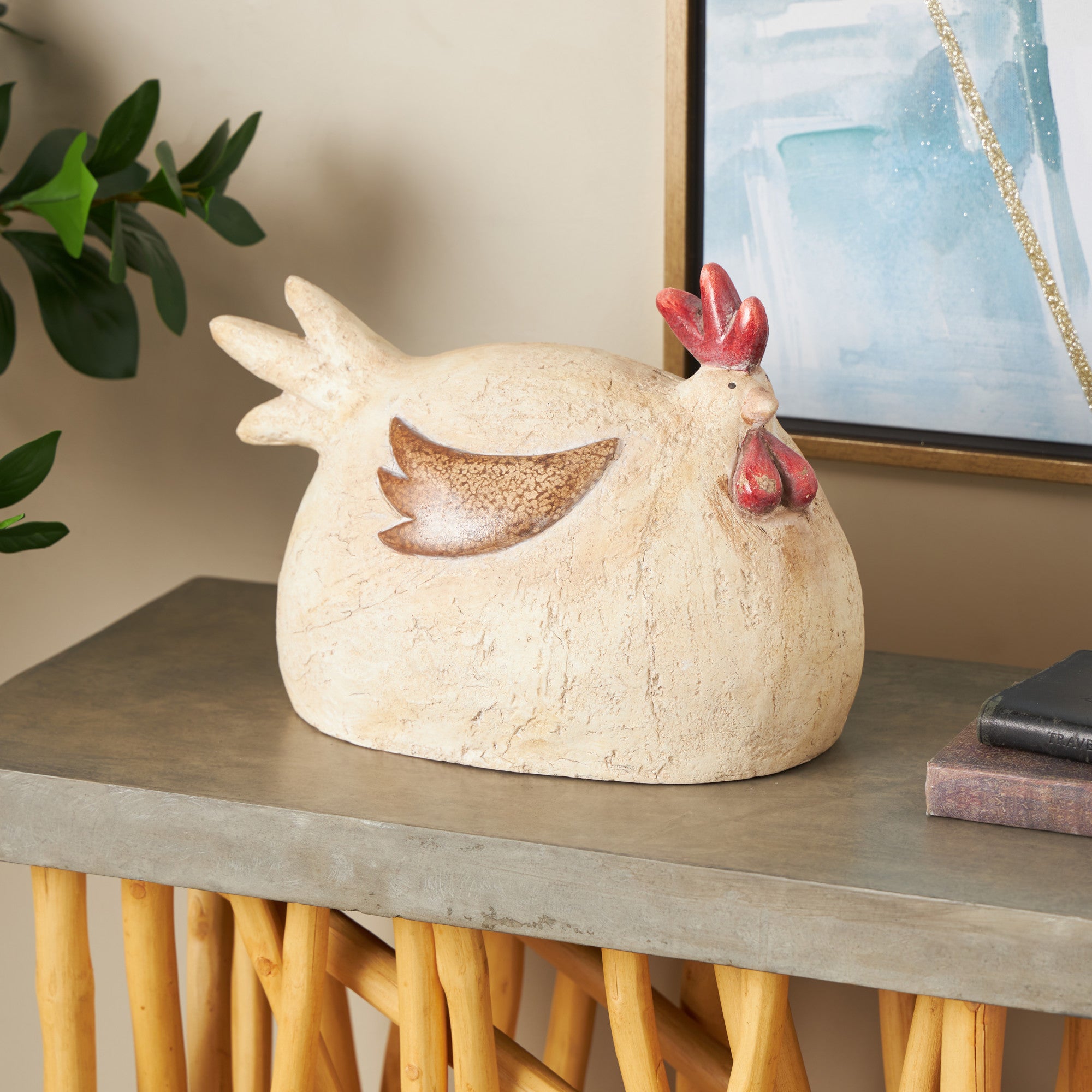Rooster Cream Magnesium Oxide Sitting Decorative Garden Sculpture with Brown and Red Accents
