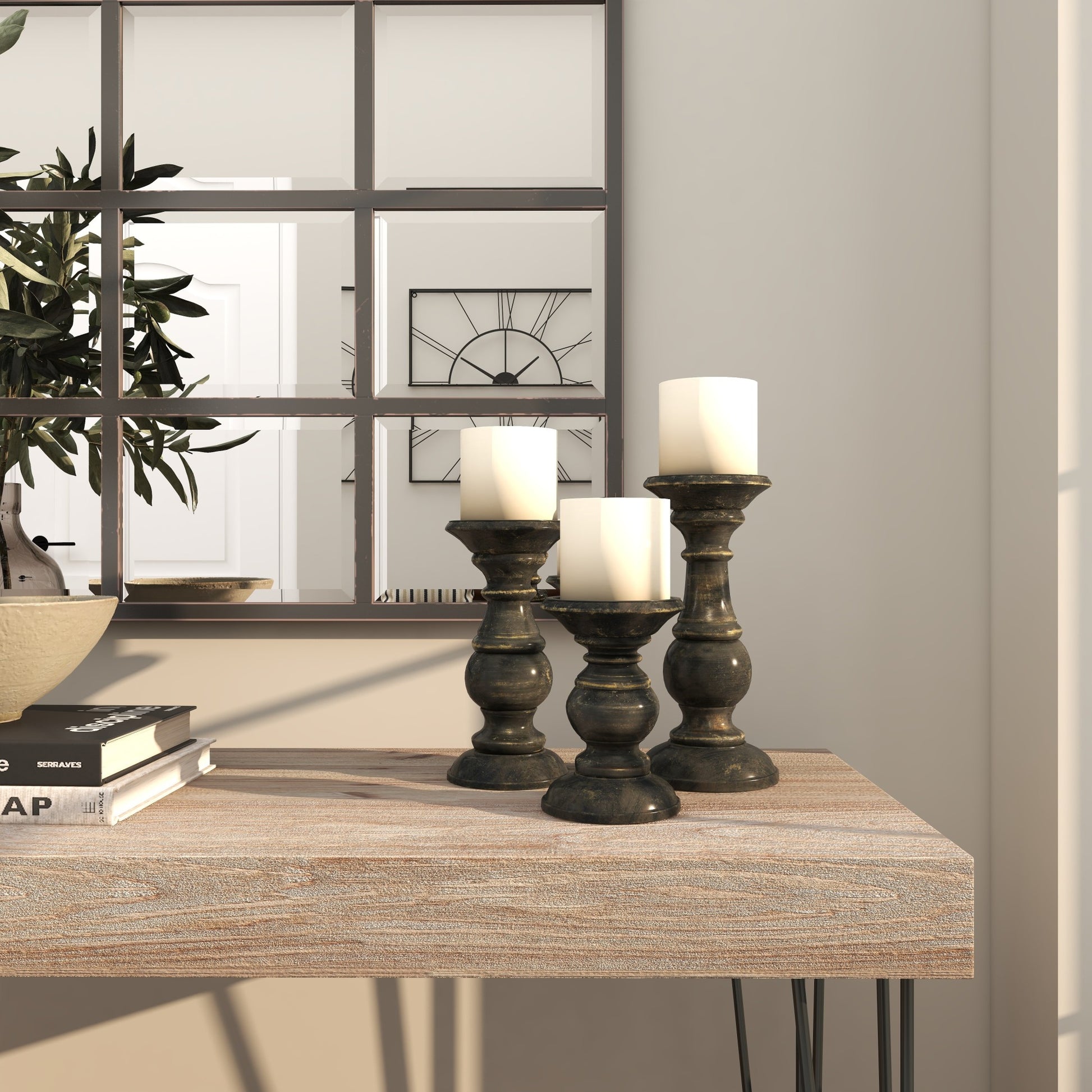Set of 3 Mango Wood Distressed Turned Pillar Decorative Candle Holder