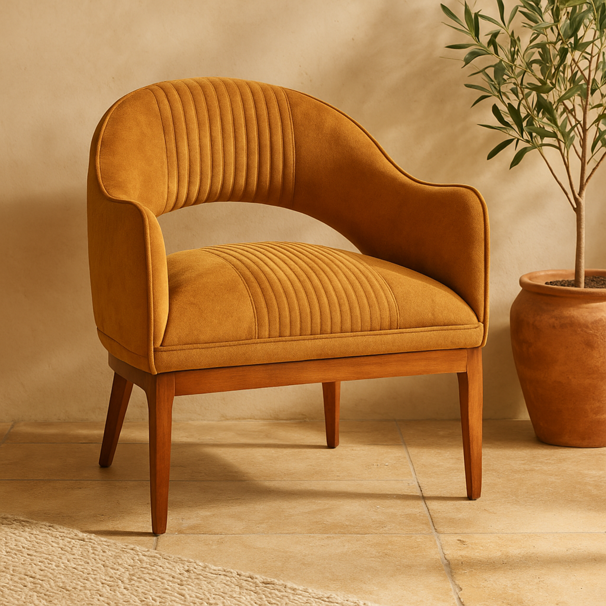 Brown Polyester Curved Back Living Room Accent Chair with Wooden Frame
