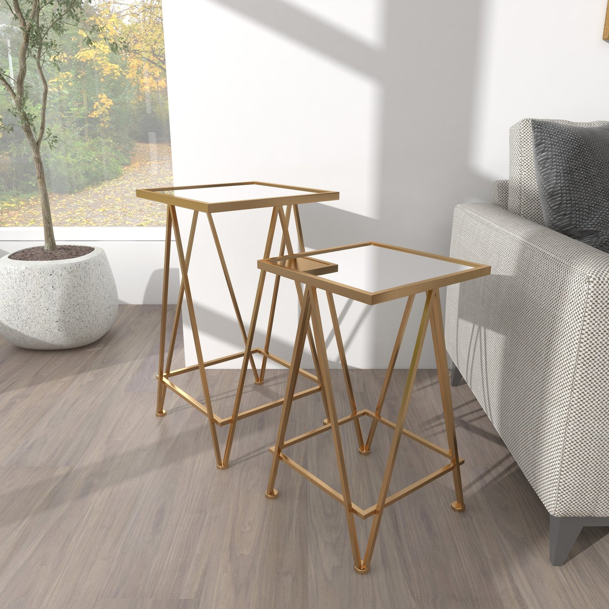 Set of 2 Geometric Gold Metal Square Side End Accent Table with Mirrored Glass Top