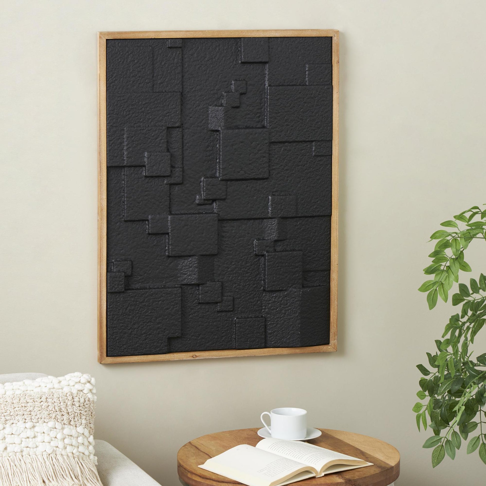 Geometric Black Wood Dimensional Textured Shapes Living Room Framed Wall Art with Brown Frame