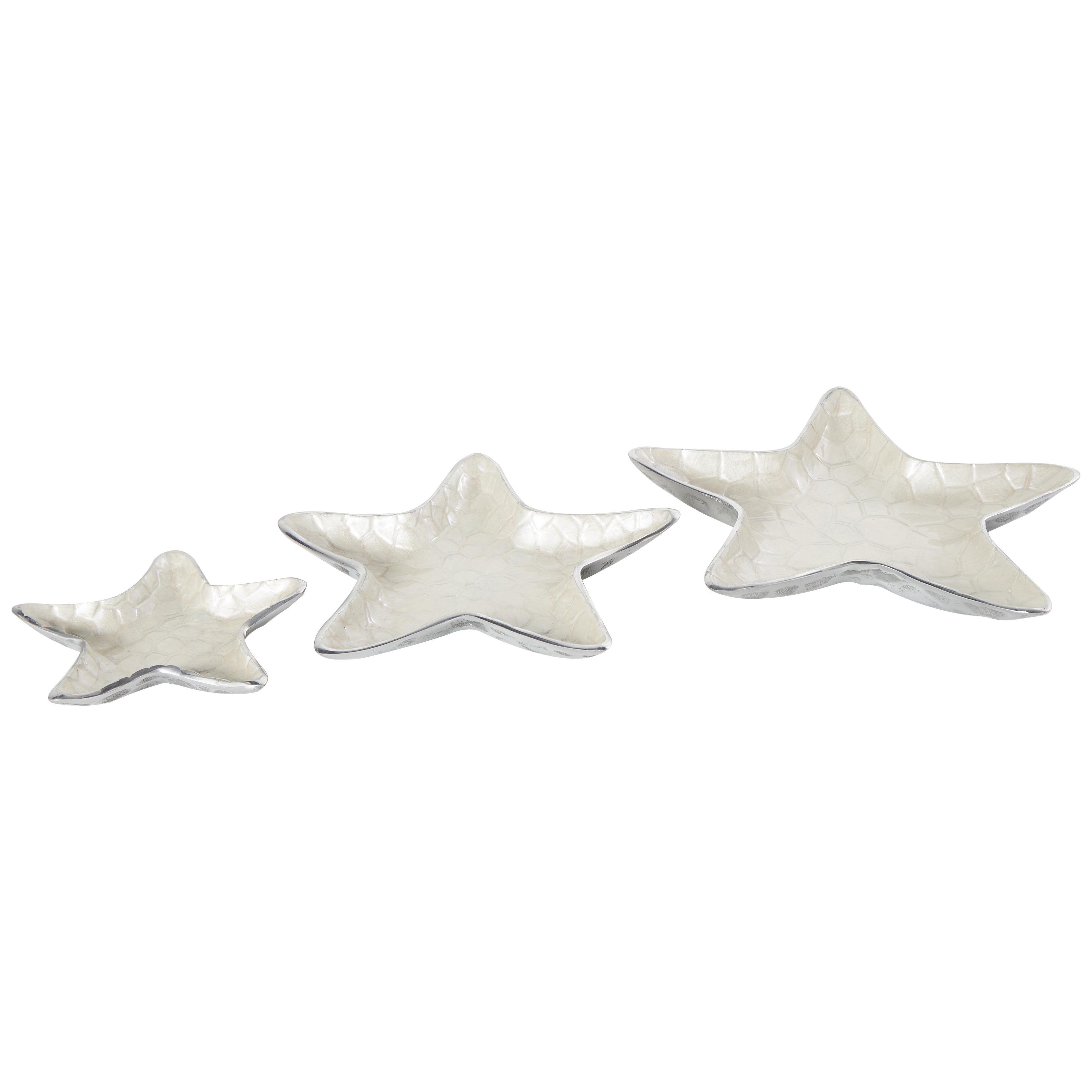 Set of 3 Starfish Aluminum Metal Handmade Textured Enameled Large Decorative Bowl with Silver Base