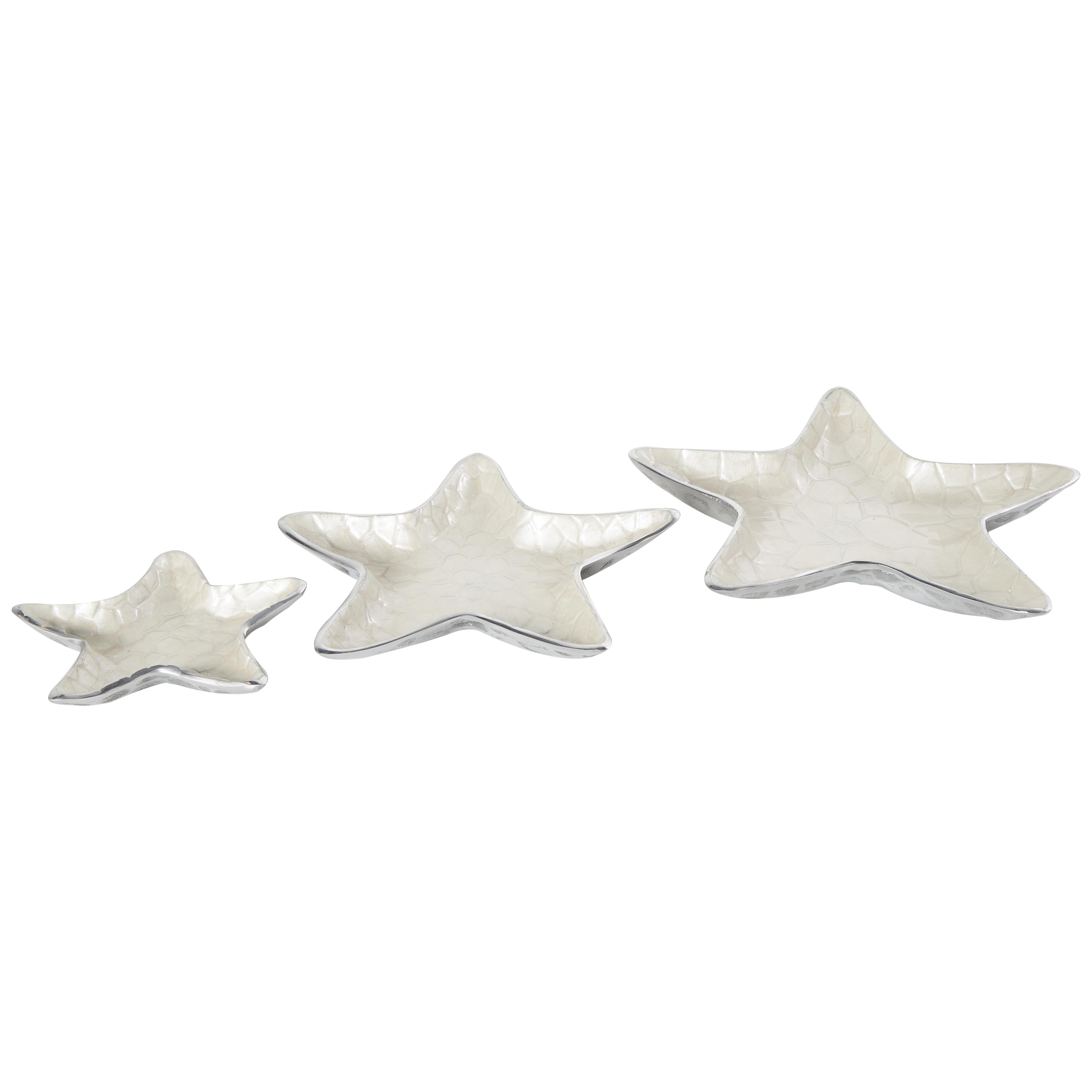 Set of 3 Starfish Aluminum Metal Handmade Textured Enameled Large Decorative Bowl with Silver Base