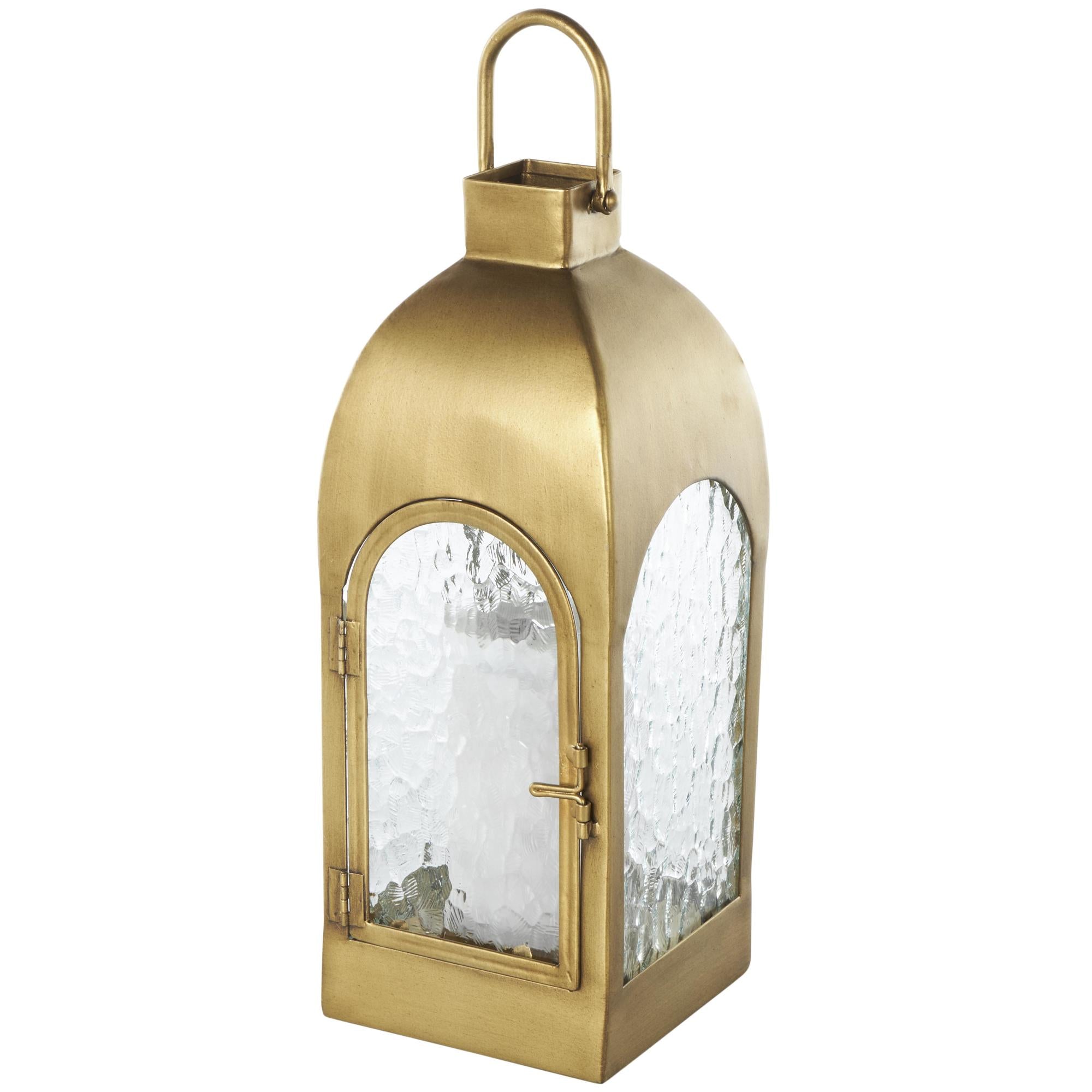 Gold Metal Arched Indoor Outdoor Candle Lantern with Top Handle