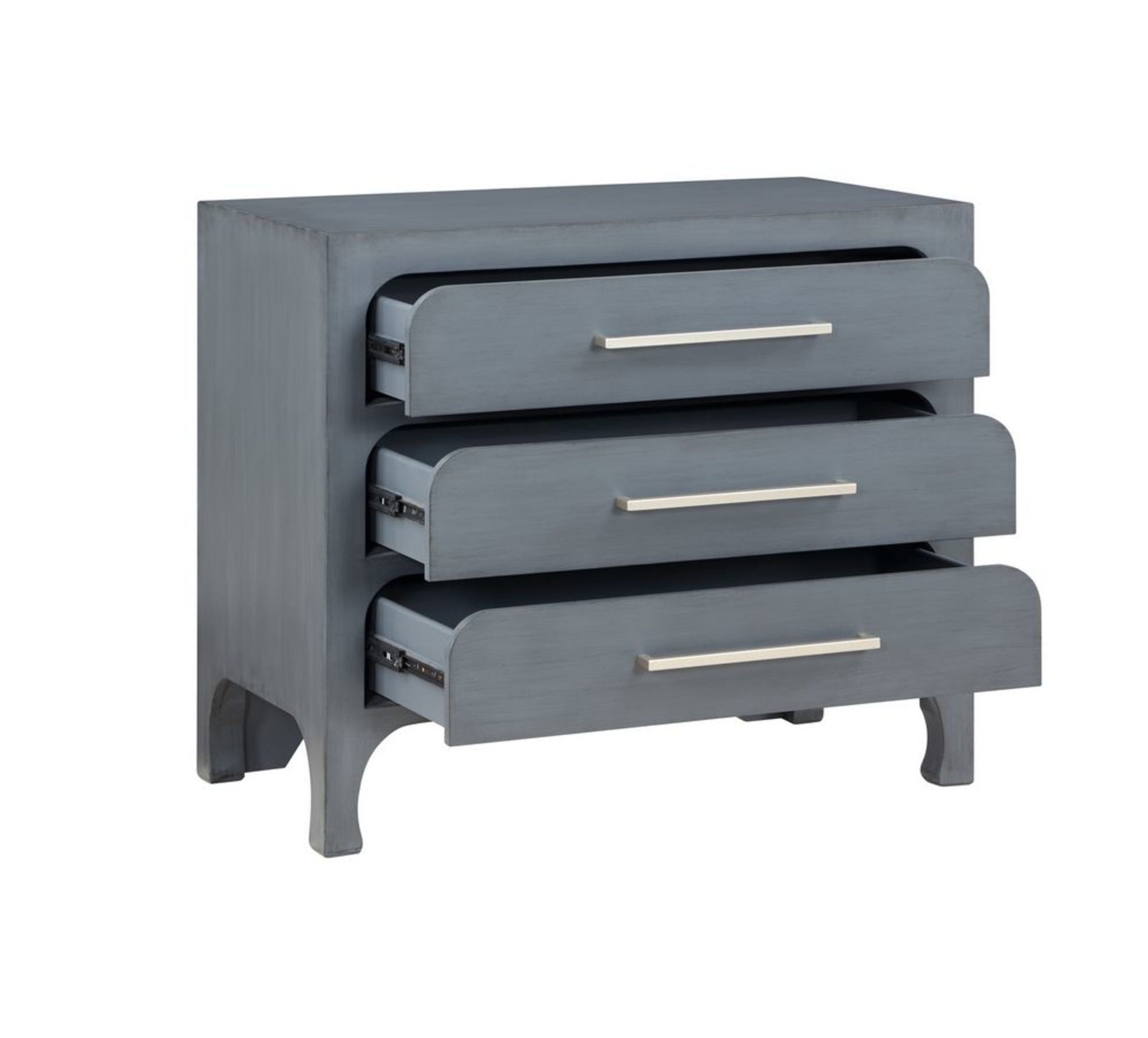 Blue Wooden 3 Drawer Room Dresser with Curved Drawer Frames and Legs and Silver Bar Handles