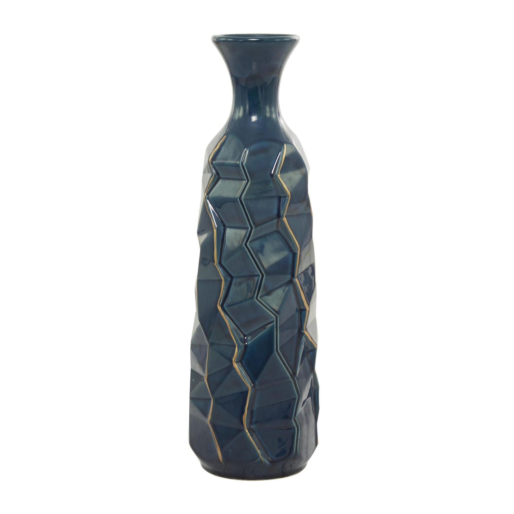 Teal Ceramic Geometric Floor Decorative Vase with Gold Accents