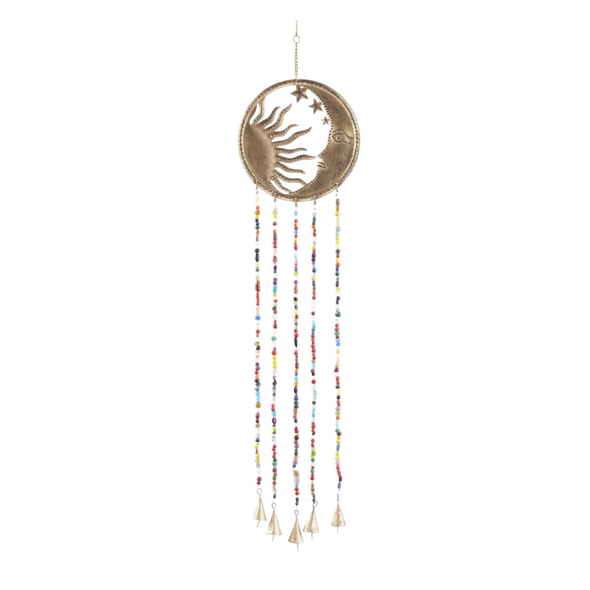Sun and Moon Brass Metal Handmade Indoor Outdoor Windchime with Glass Beads and Bells