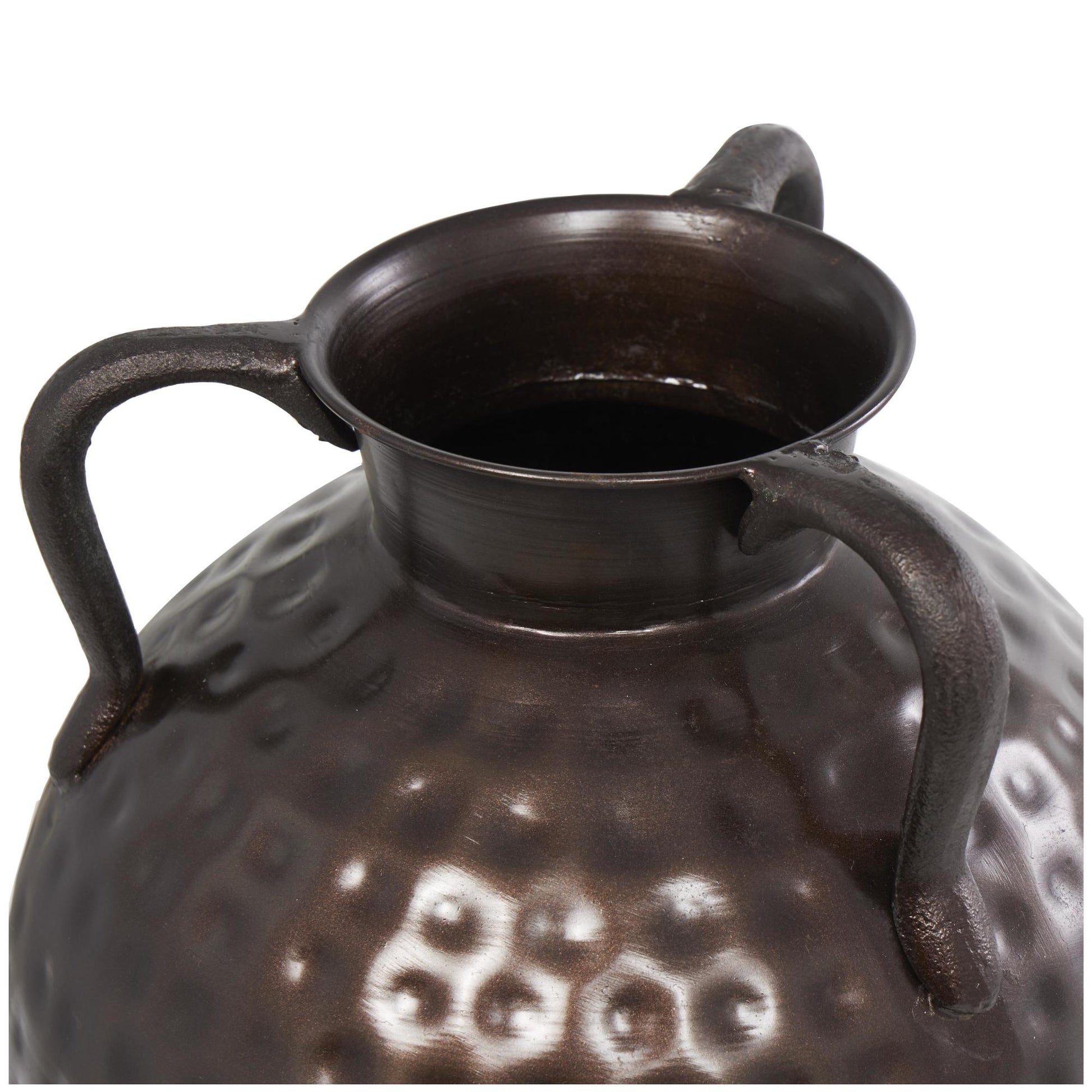 Brown Metal Tall Floor Mediterranean Style Decorative Vase with Hammered Details and Handles