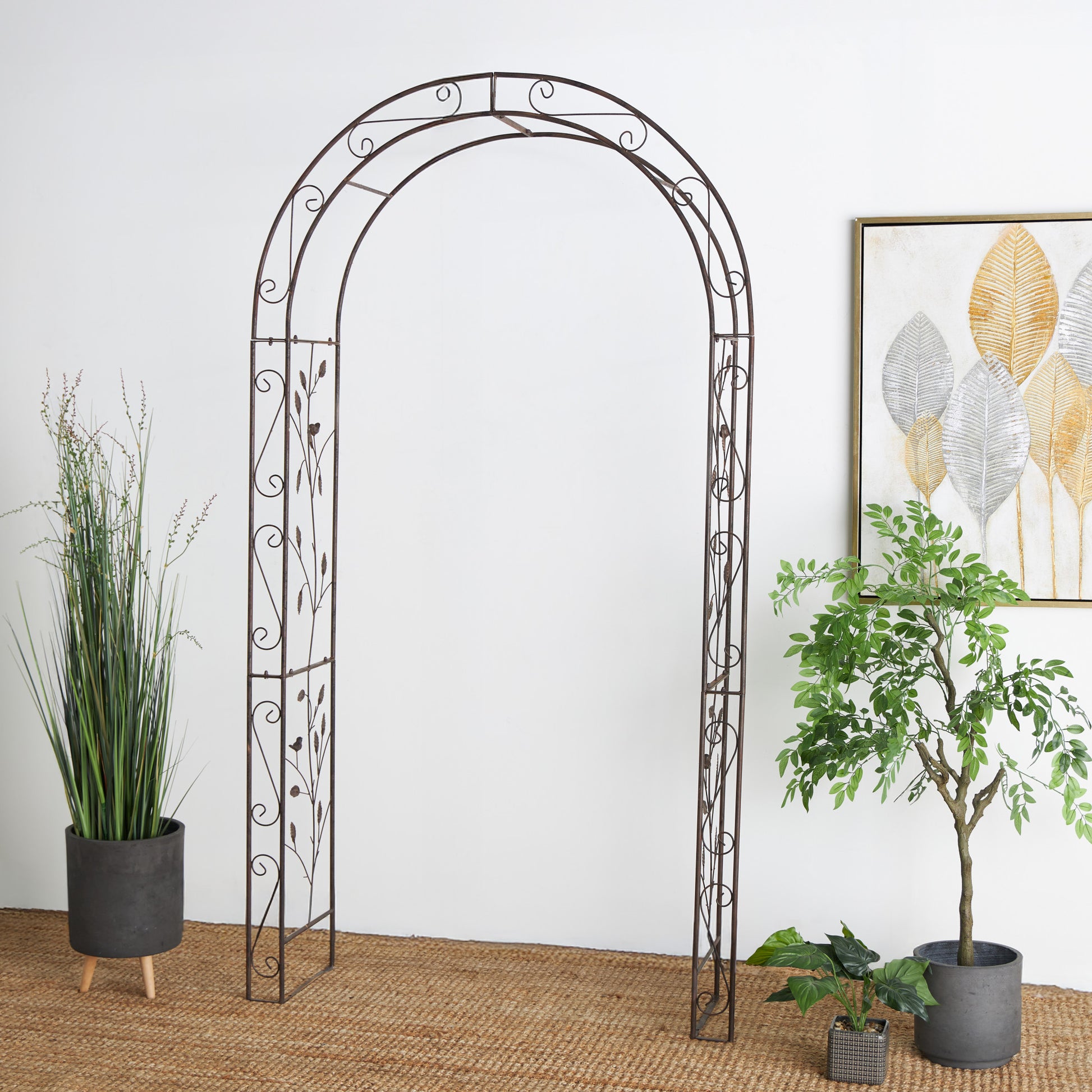 Scroll Bronze Metal Indoor Outdoor Arched Indoor Outdoor Garden Arbor with Leaf and Bird Panels