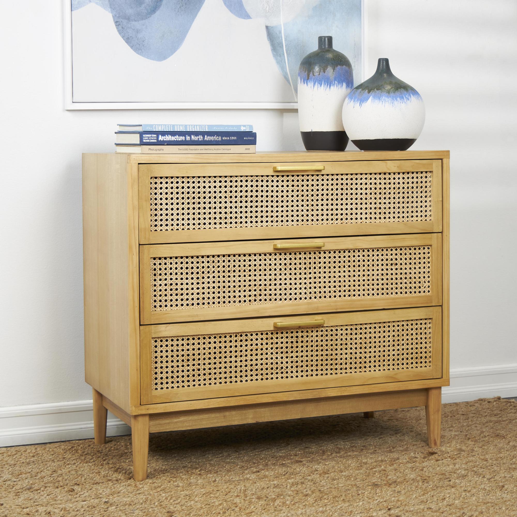 Wood 3 Drawer Room Chest with Beige Rattan Drawers and Gold Handles