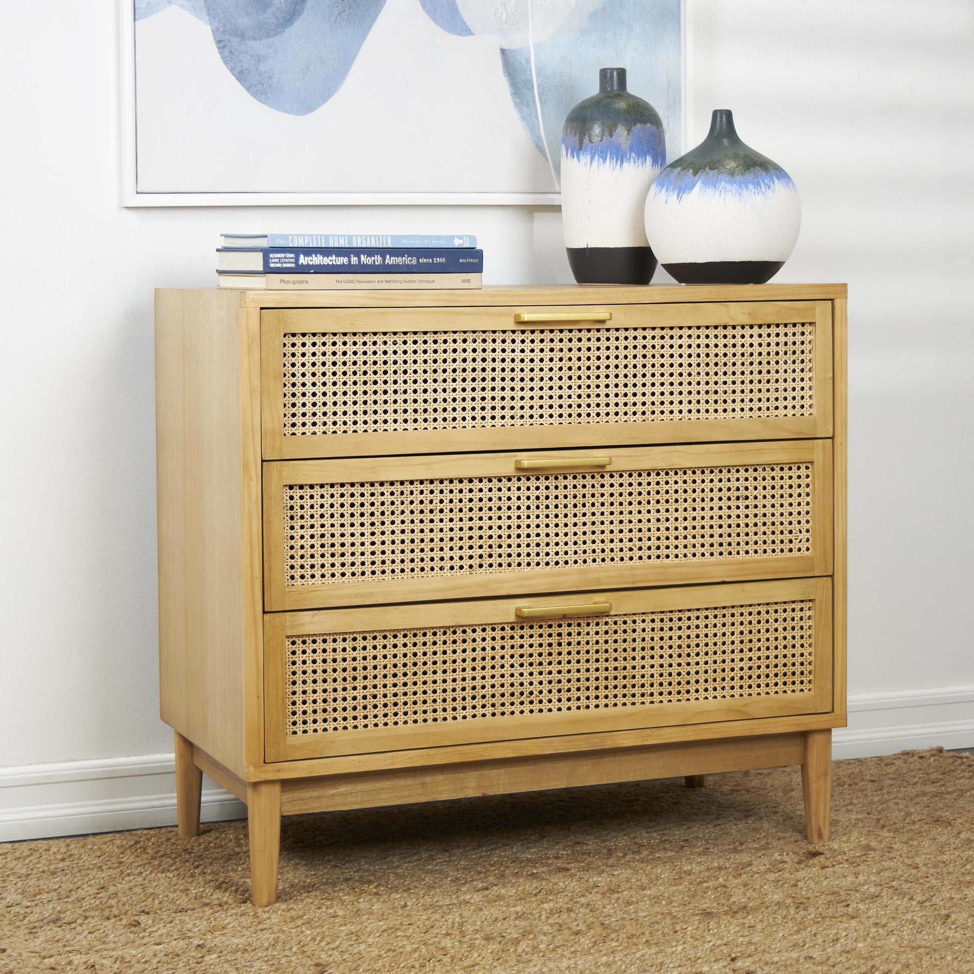 Wood 3 Drawer Room Chest with Beige Rattan Drawers and Gold Handles