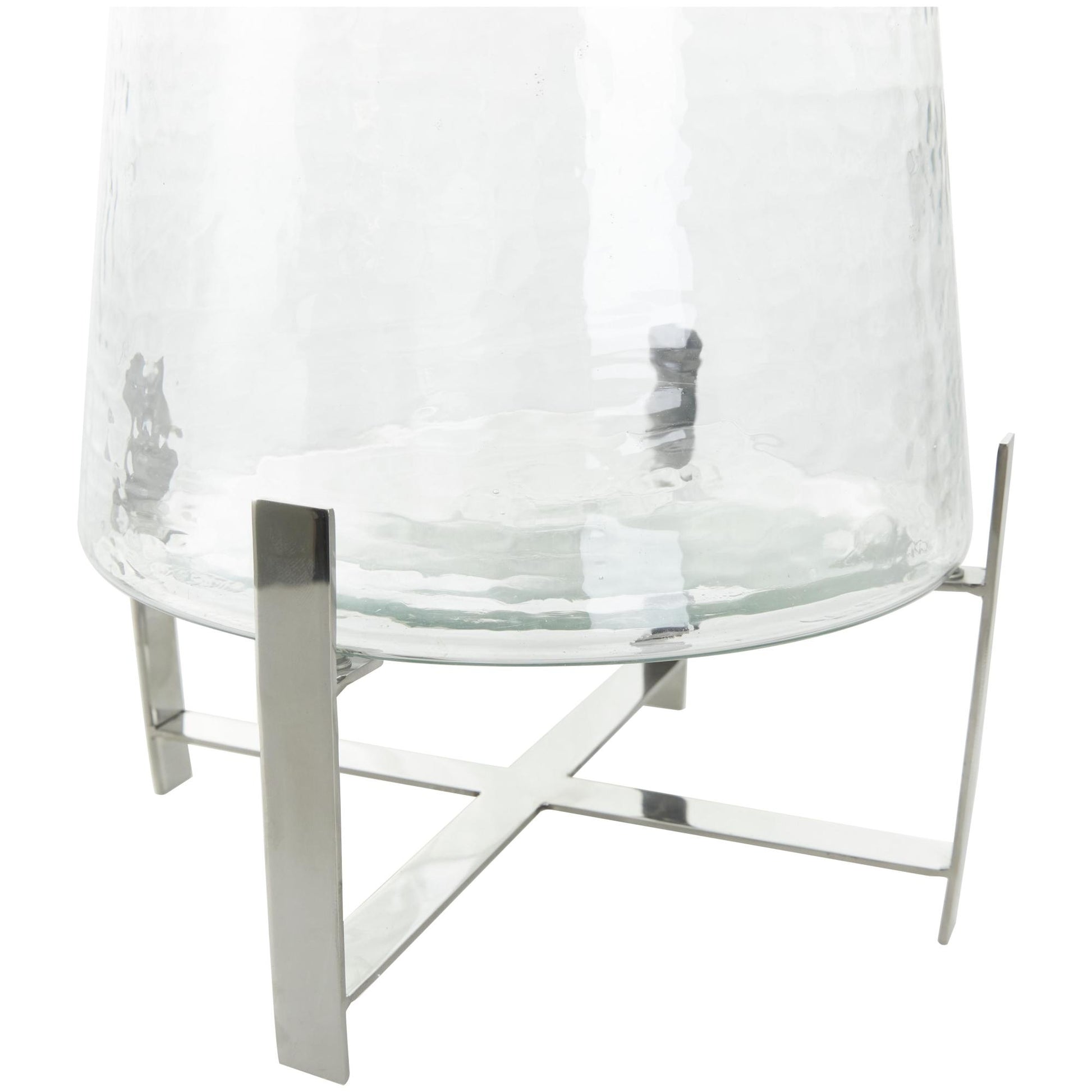 Clear Stainless Steel Metal Room Hurricane Lamp with Stainless Steel X Shaped Base