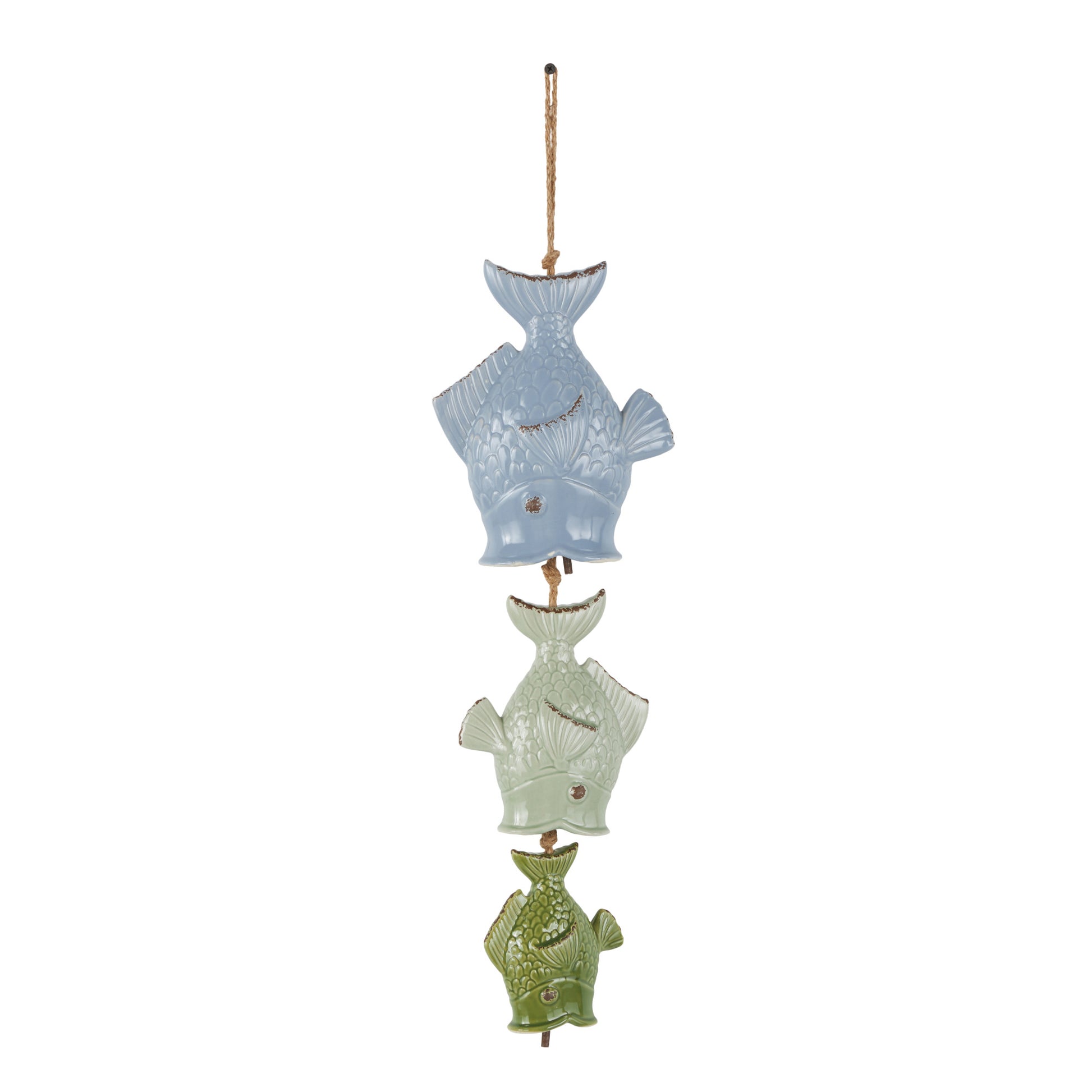 Fish Multi Colored Ceramic Indoor Outdoor Windchime with Brown Rope