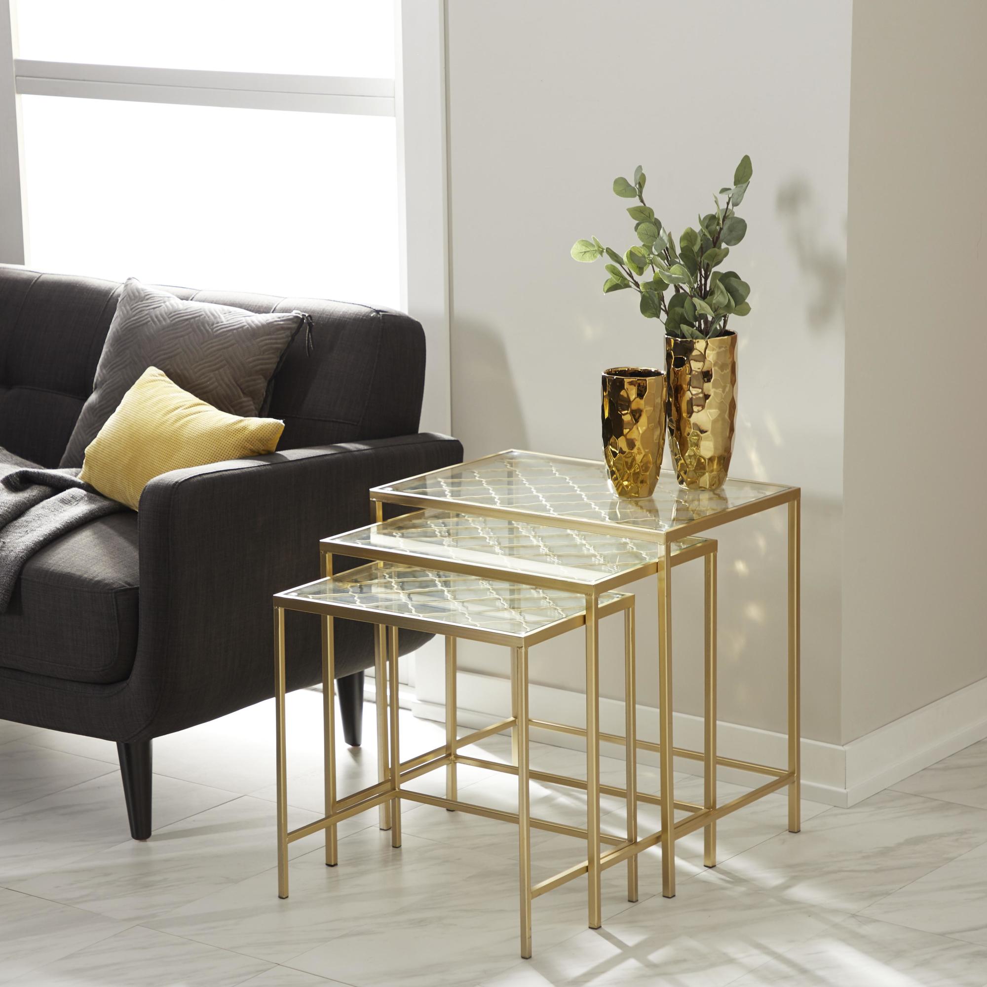 Set of 3 Gold Metal Side End Accent Table with Clear Glass Top
