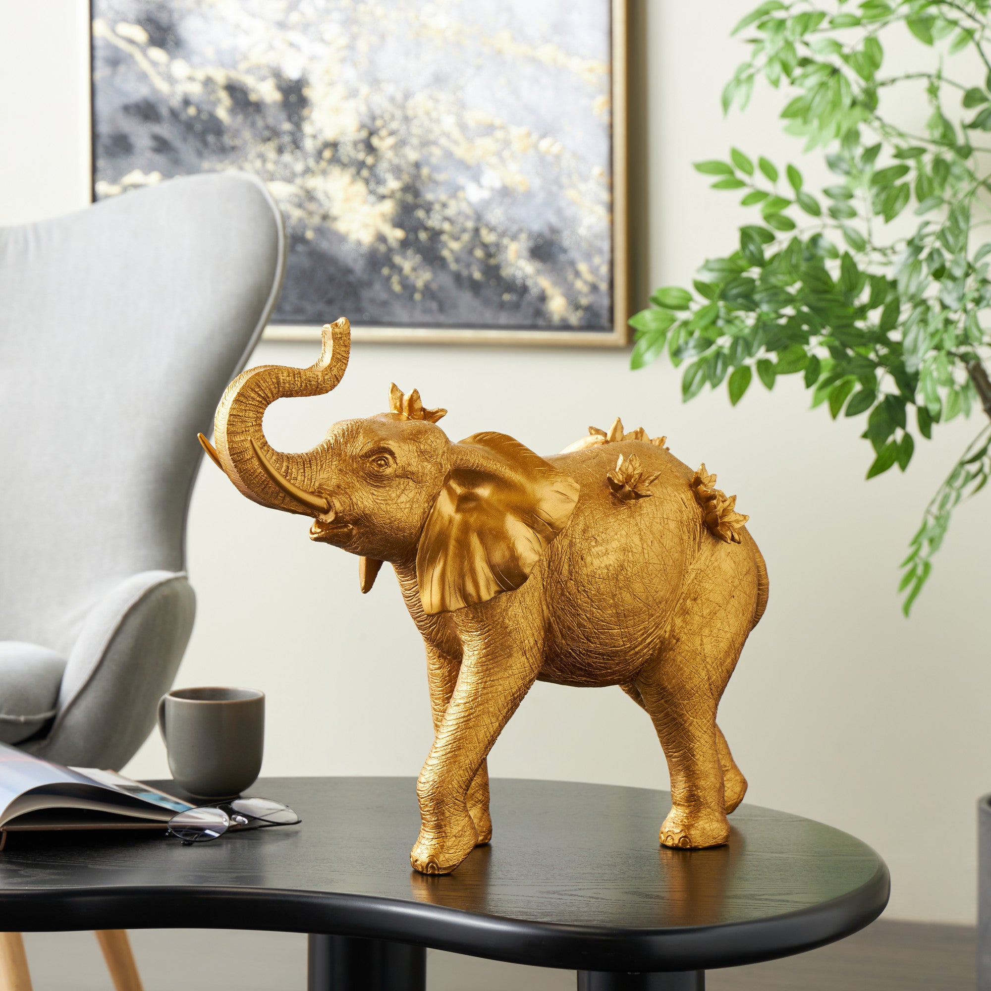 Elephant Gold Resin Walking Decorative Sculpture with Floral Accents