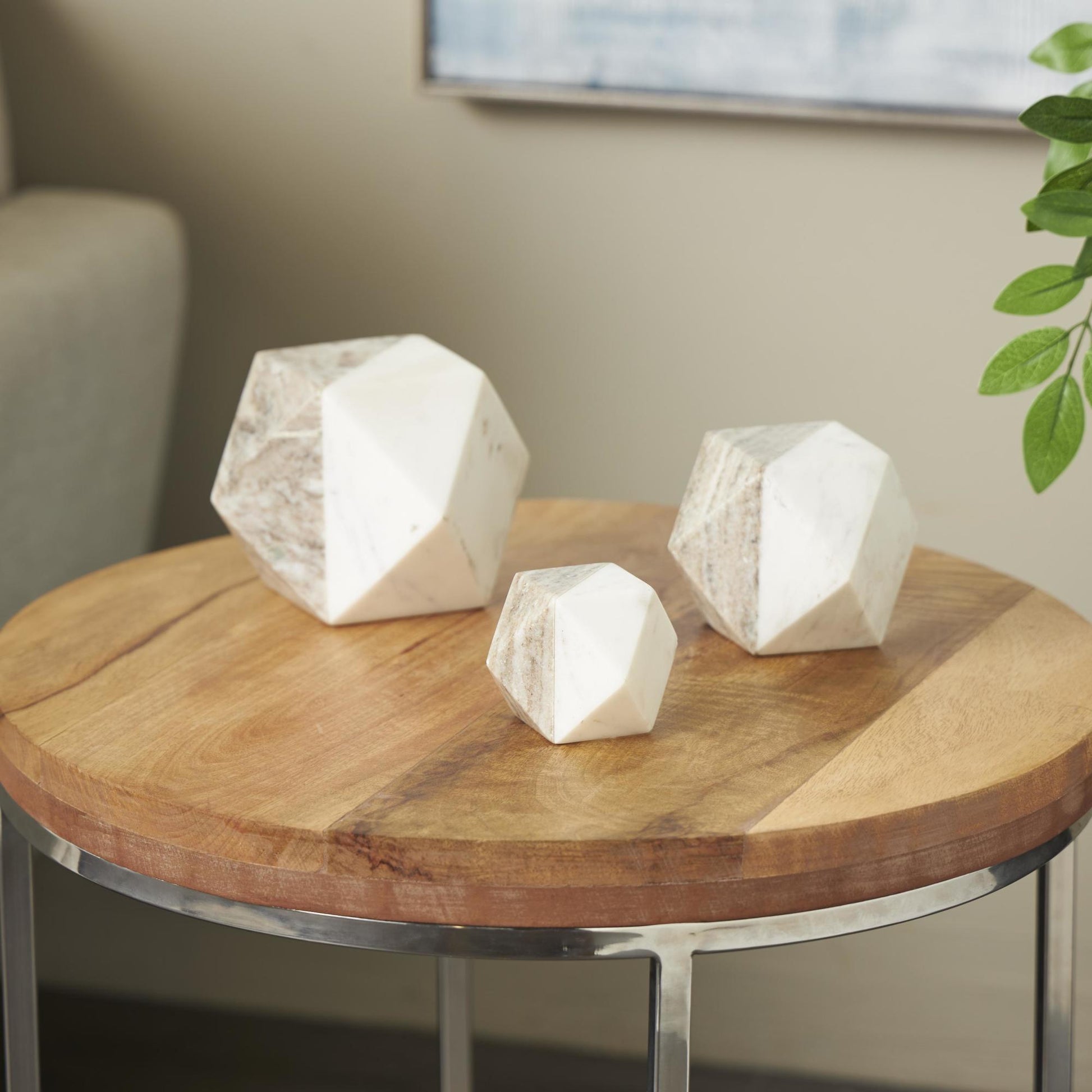 Set of 3 Geometric Marble Cube Two-Toned Hexagon Decorative Sculpture