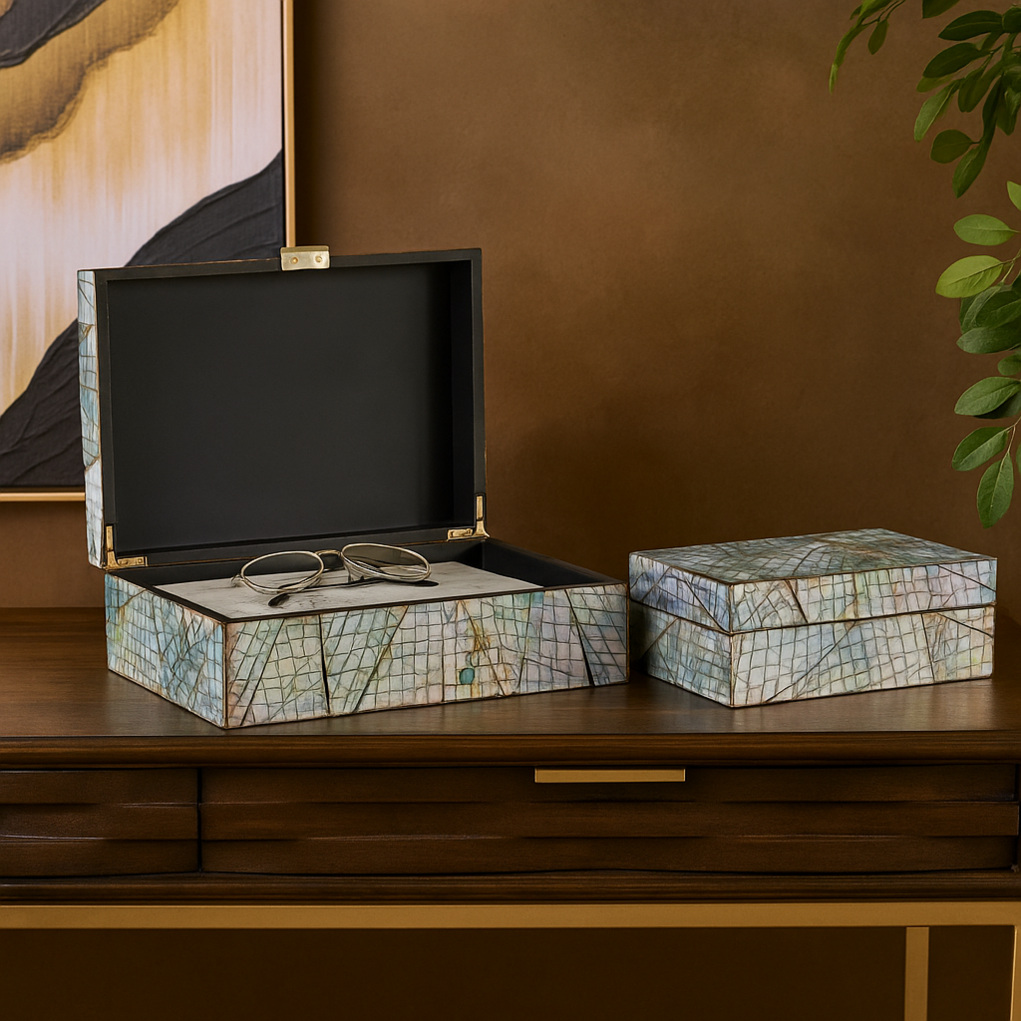 Set of 2 Abstract Multi Colored Mother of Pearl Shell Handmade Mosaic Storage Decorative Box