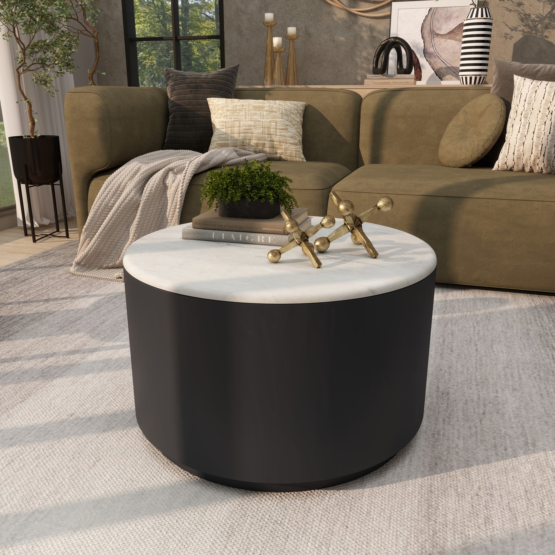 Black Metal Pedestal Coffee Table with Faux White Marble Top
