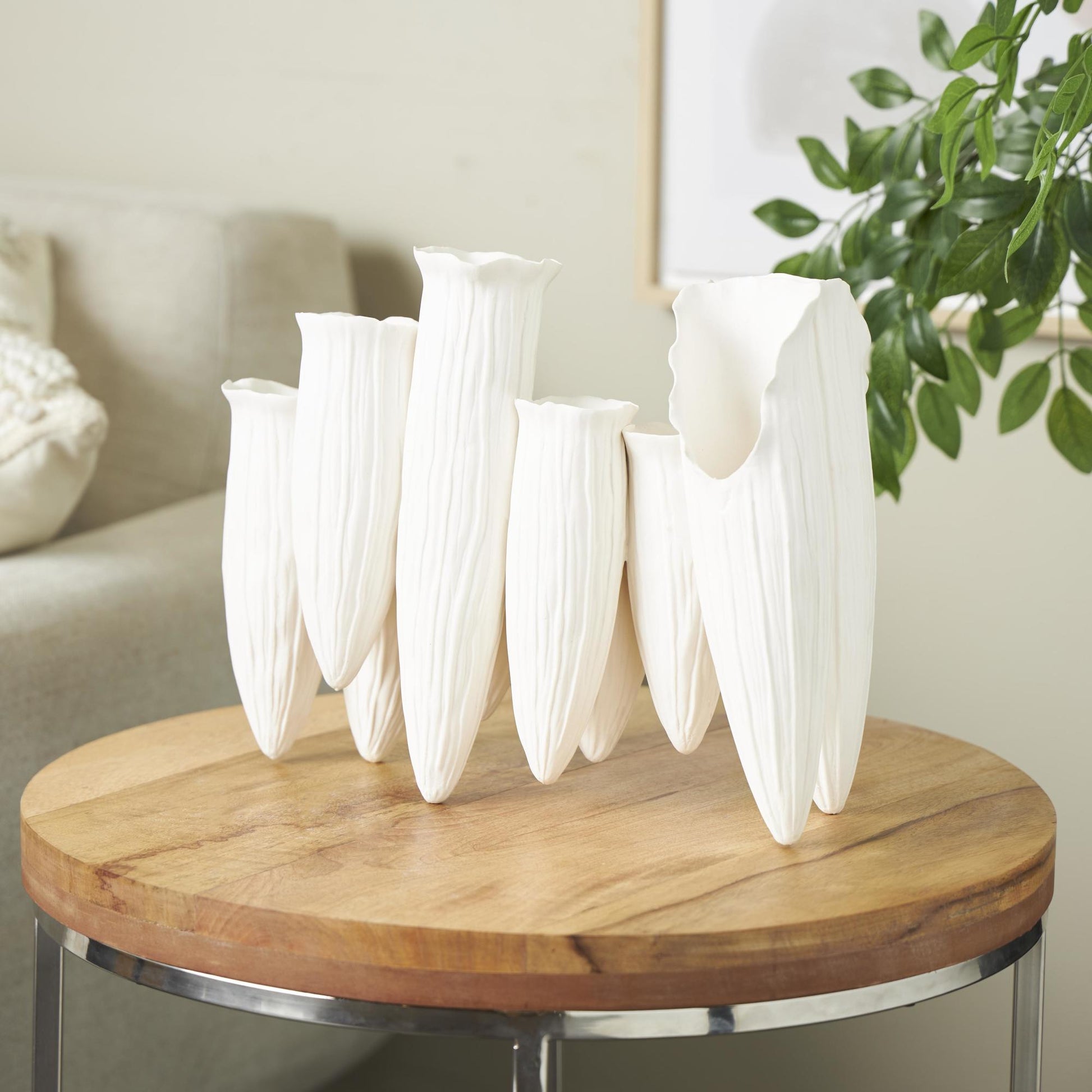 Abstract Ceramic Floral Inspired Decorative Vase with Linear Grooves and 10 Openings