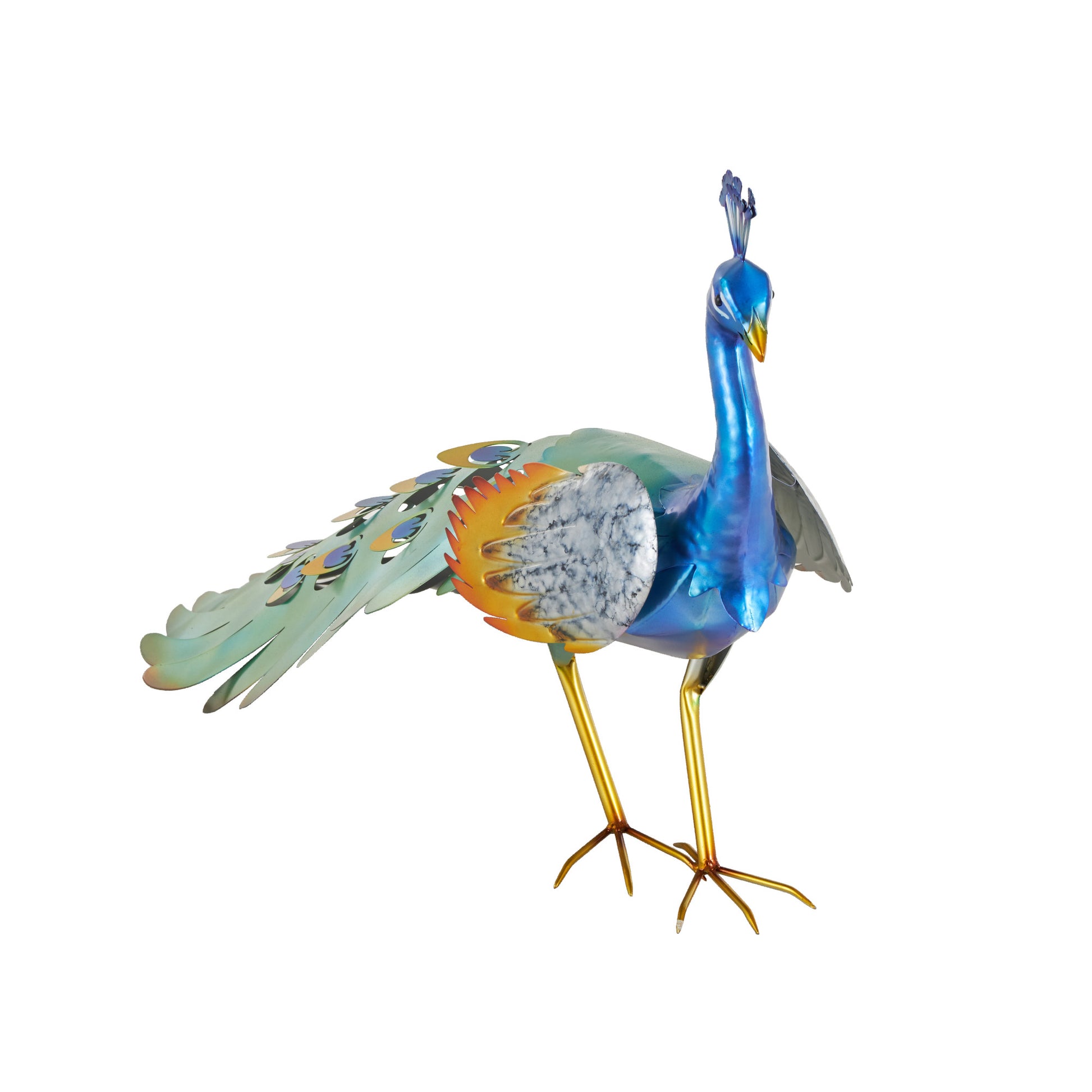 Peacock Blue Metal Decorative Garden Sculpture with Gold Legs and Teal Wings